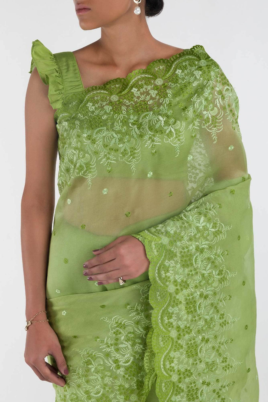 Lover’s lush Green floral design saree from Embroidered Romance Collection by Nalli