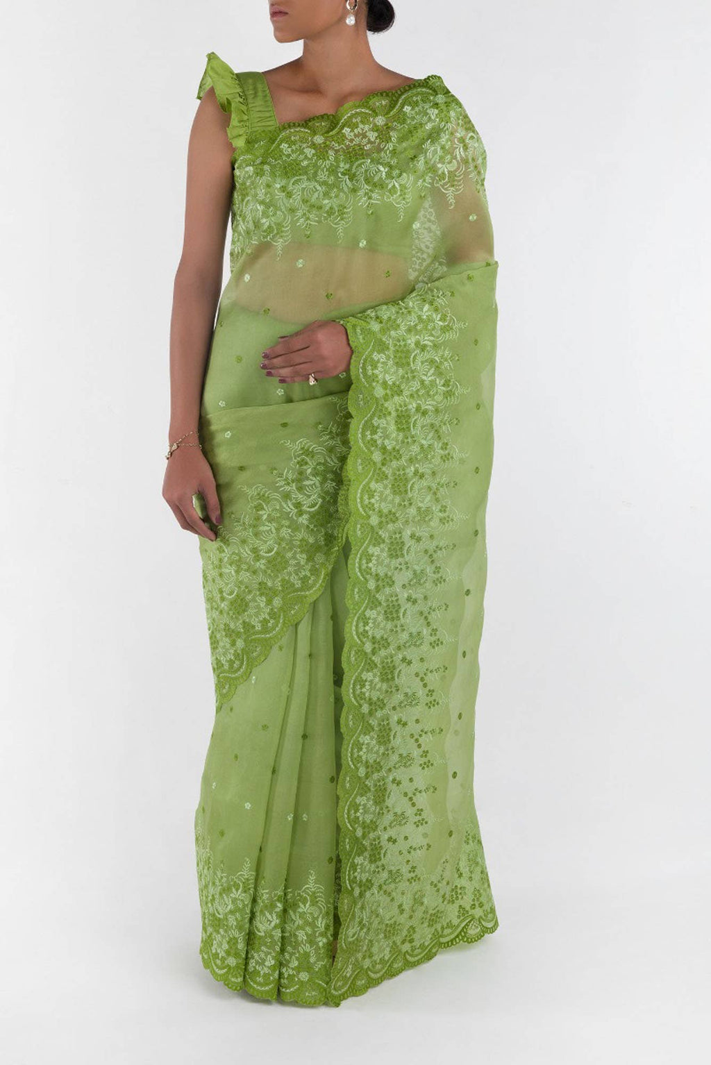 Lover’s lush Green floral design saree from Embroidered Romance Collection by Nalli