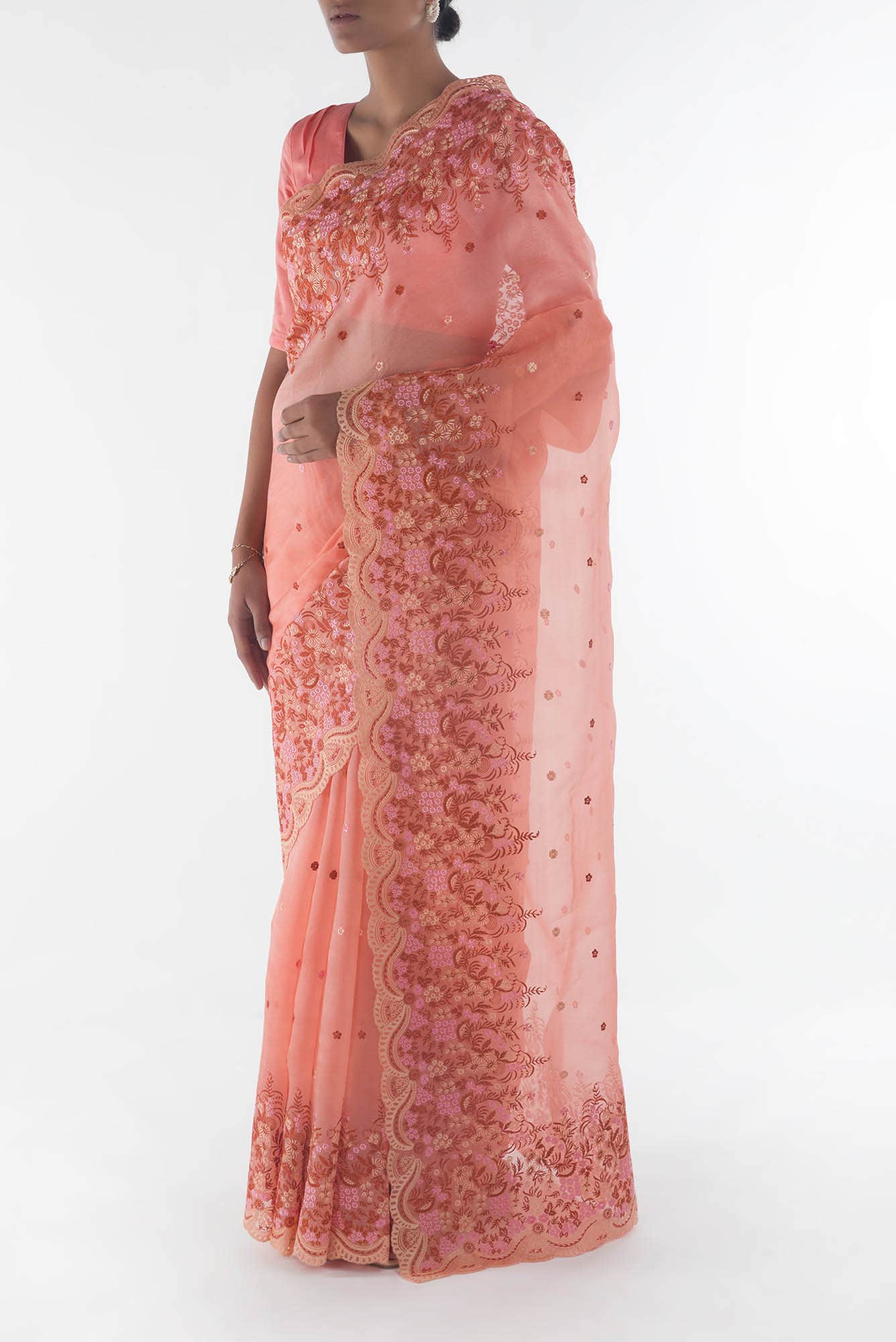Lover’s lush Peach floral design saree from Embroidered Romance Collection by Nalli