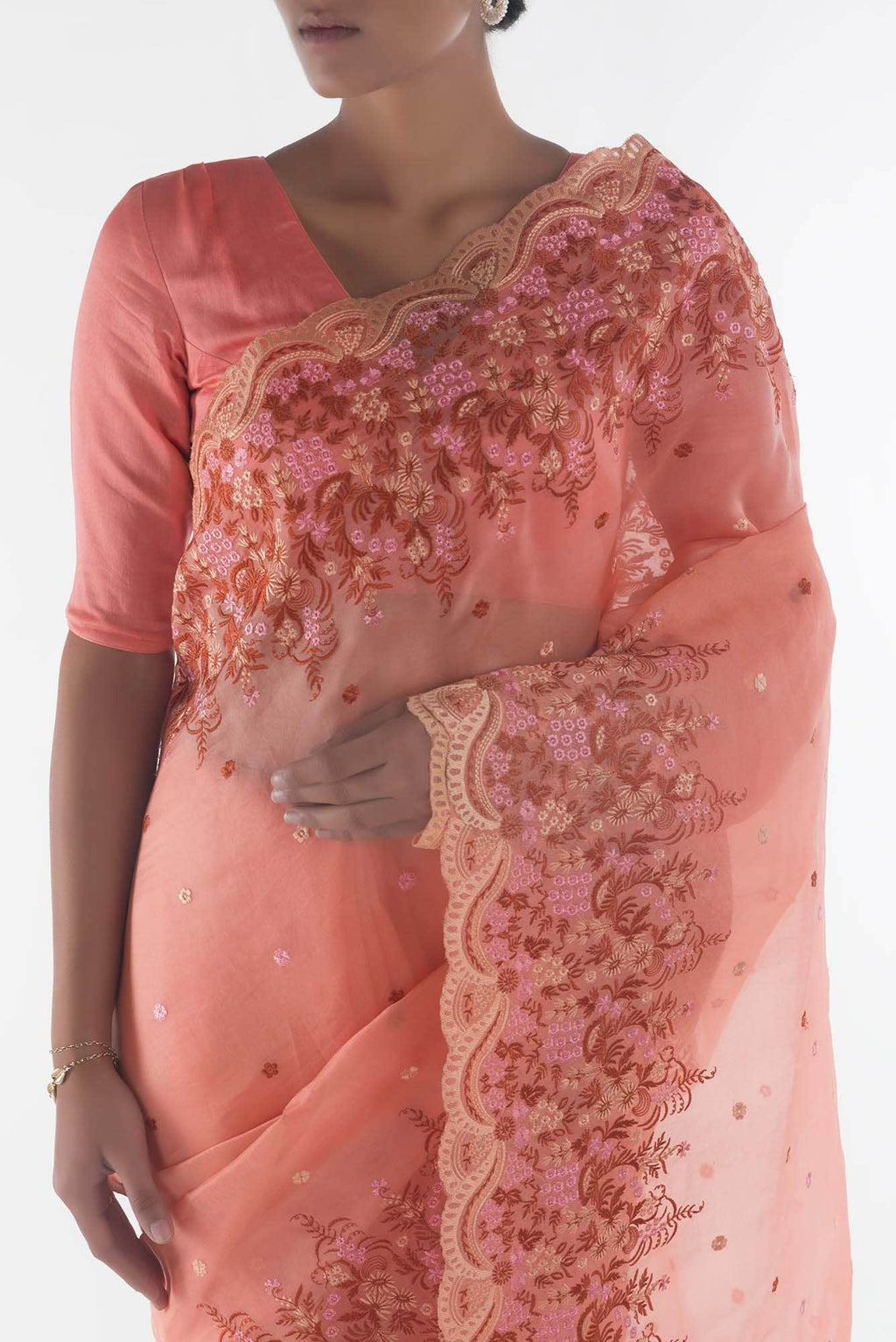 Lover’s lush Peach floral design saree from Embroidered Romance Collection by Nalli