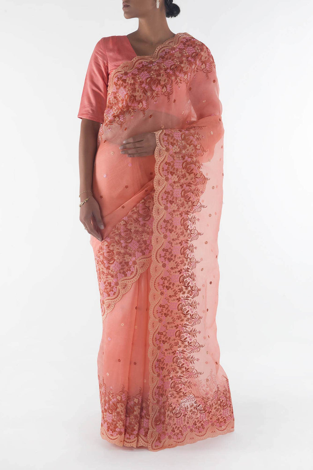 Lover’s lush Peach floral design saree from Embroidered Romance Collection by Nalli