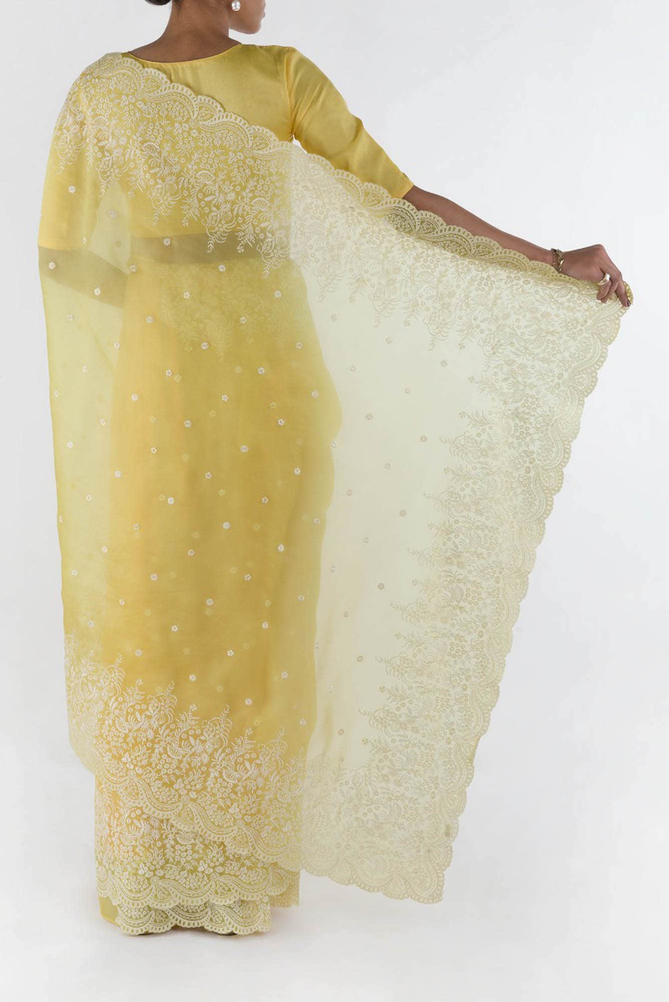 Lover’s lush Yellow floral design saree from Embroidered Romance Collection by Nalli
