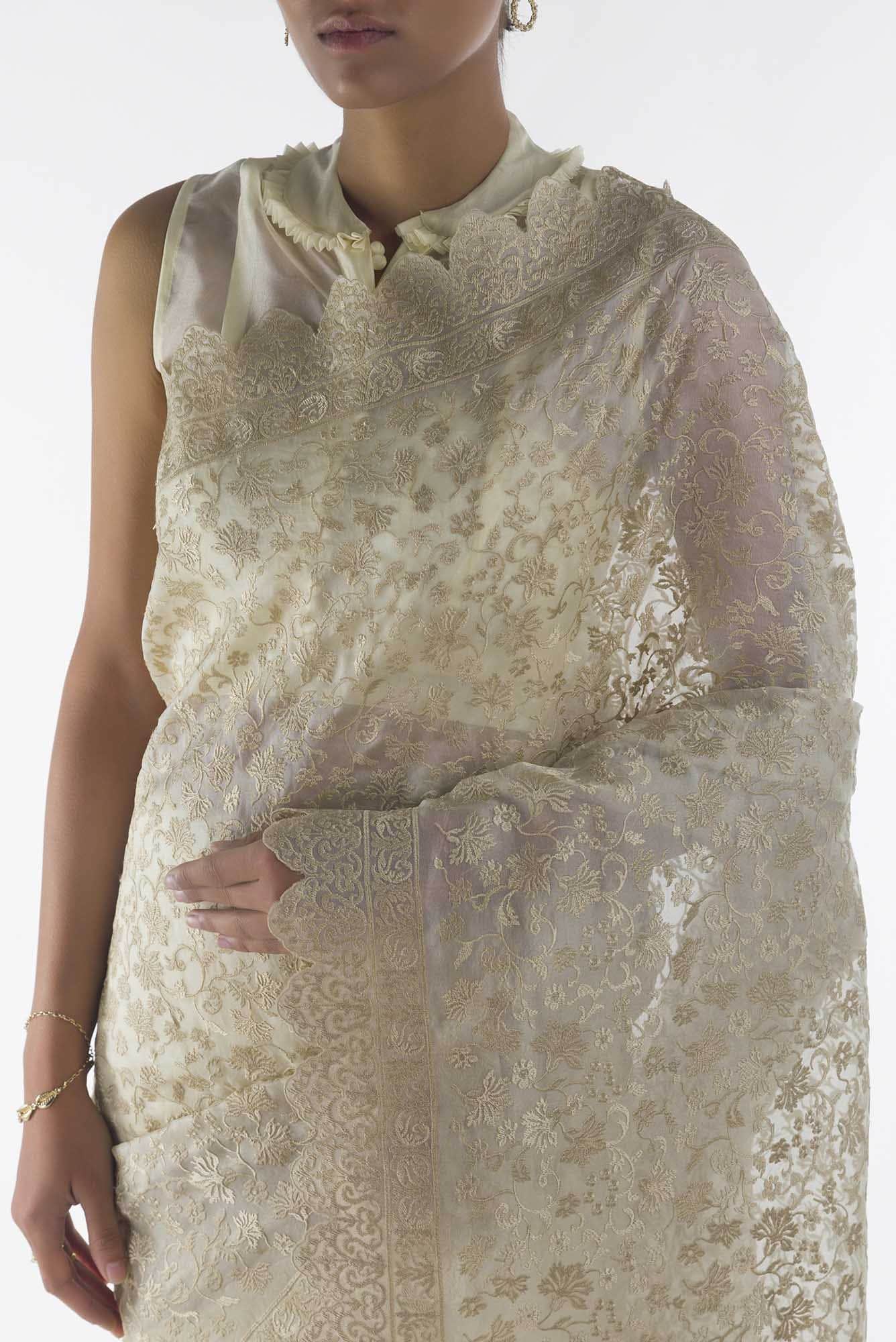 Iris waltz Cream floral design saree from Embroidered Romance Collection by Nalli