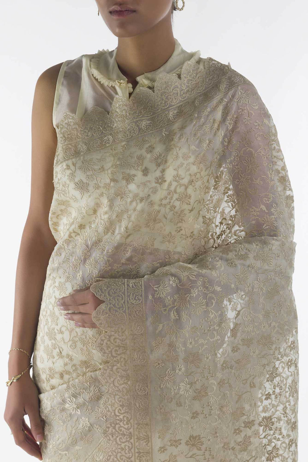 Iris waltz Cream floral design saree from Embroidered Romance Collection by Nalli