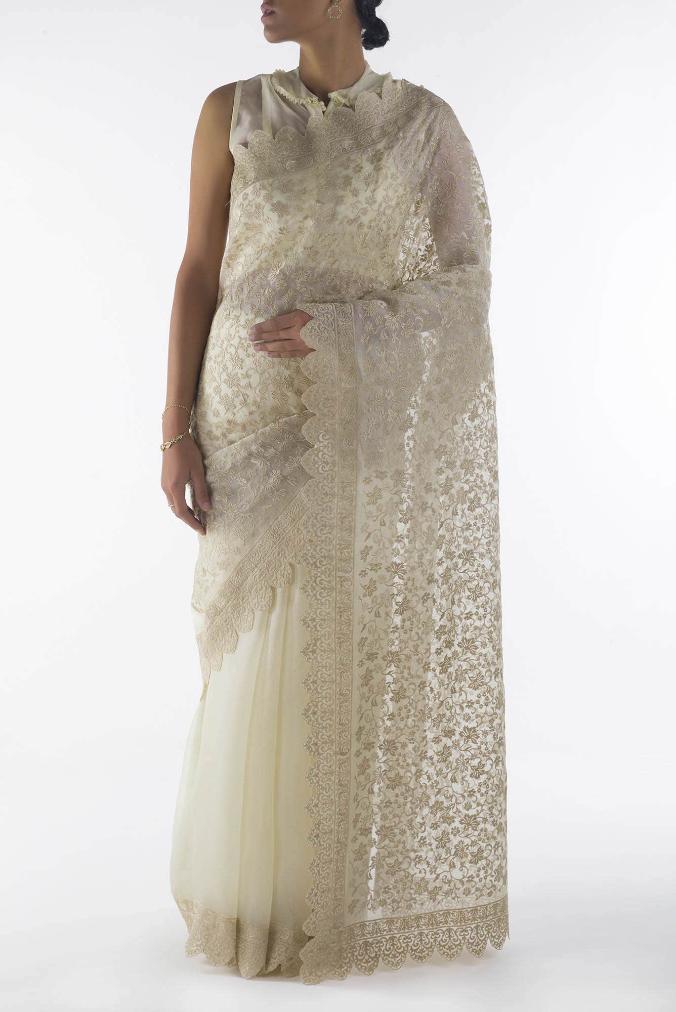 Iris waltz Cream floral design saree from Embroidered Romance Collection by Nalli