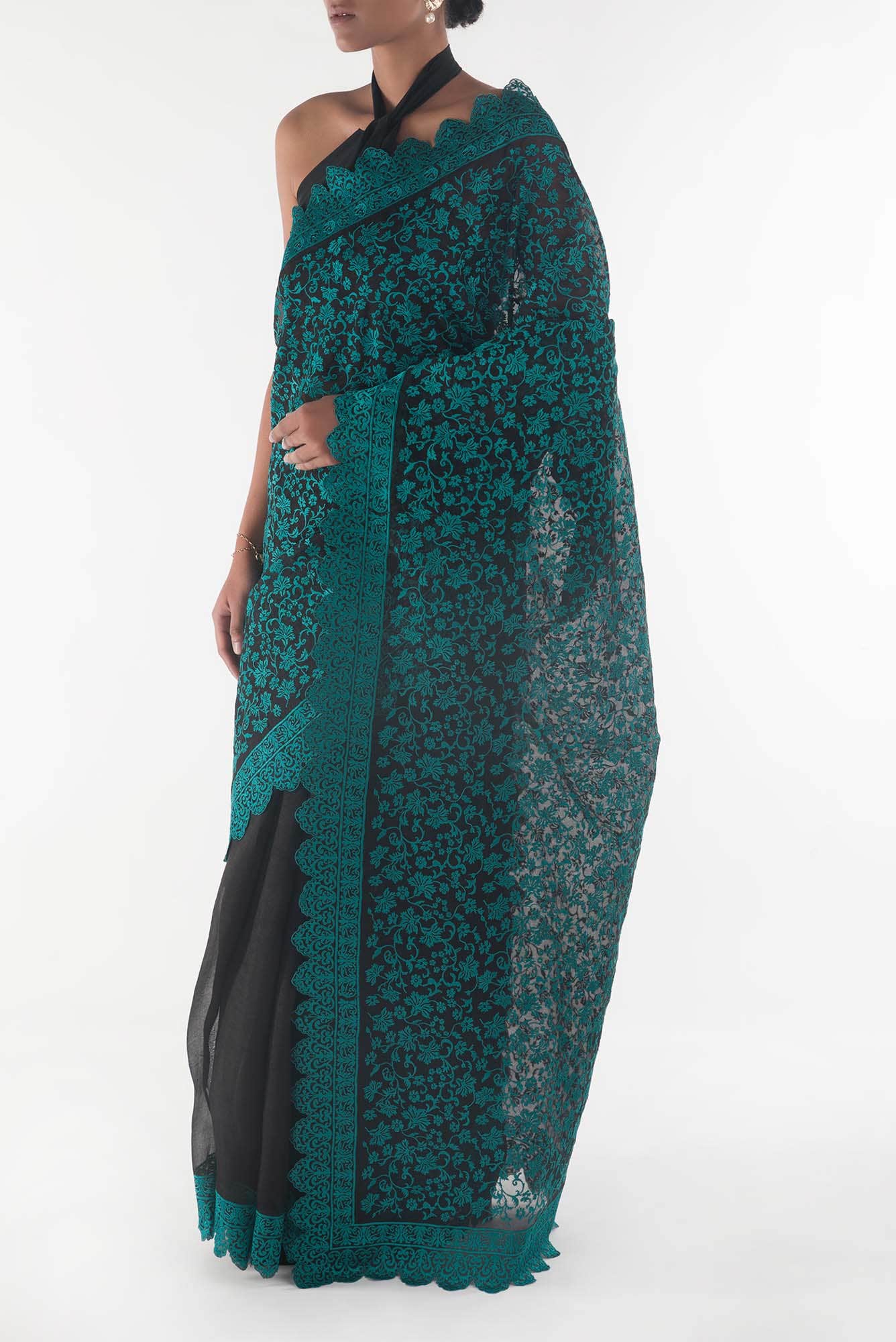 Iris waltz Black floral design saree from Embroidered Romance Collection by Nalli