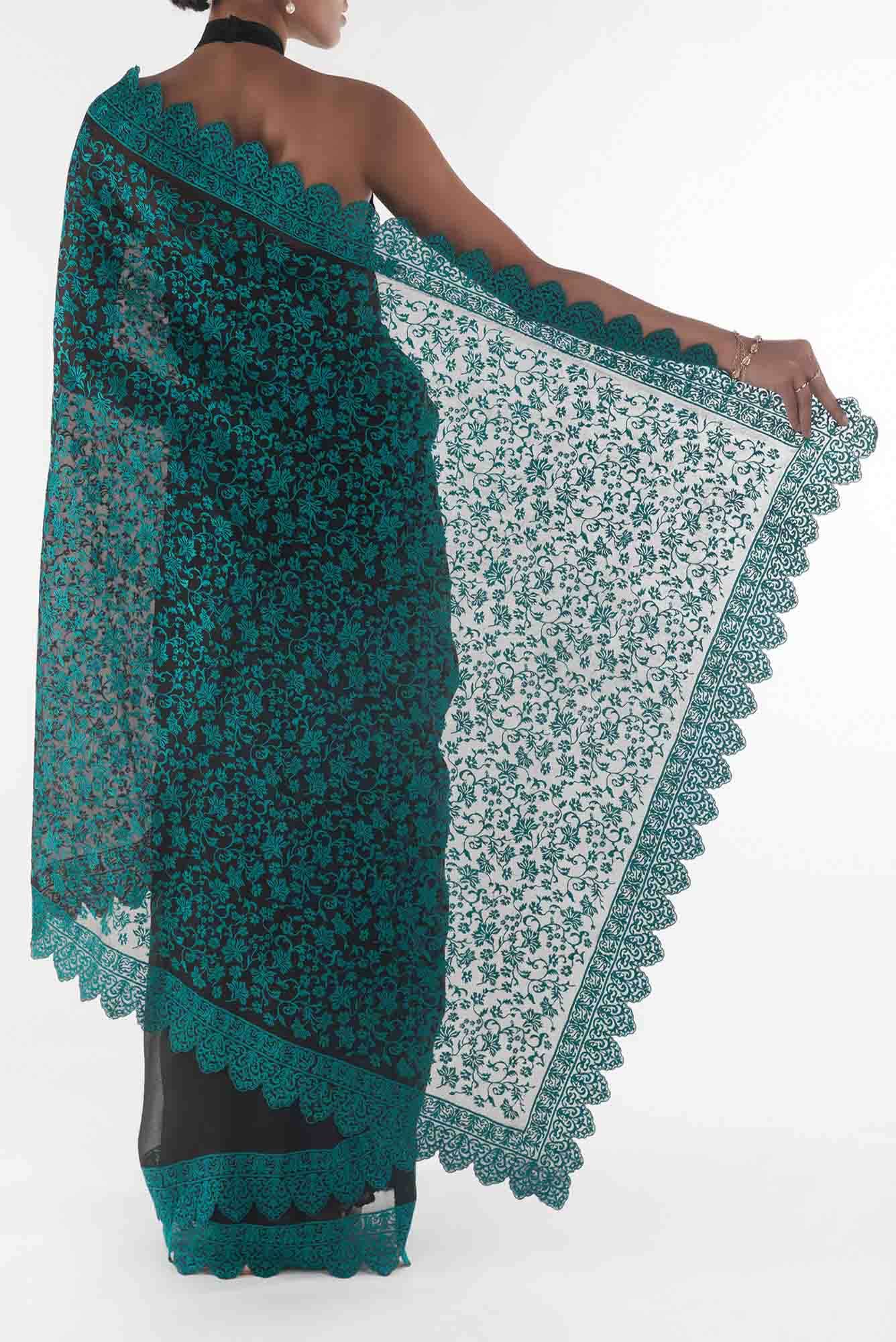 Iris waltz Black floral design saree from Embroidered Romance Collection by Nalli