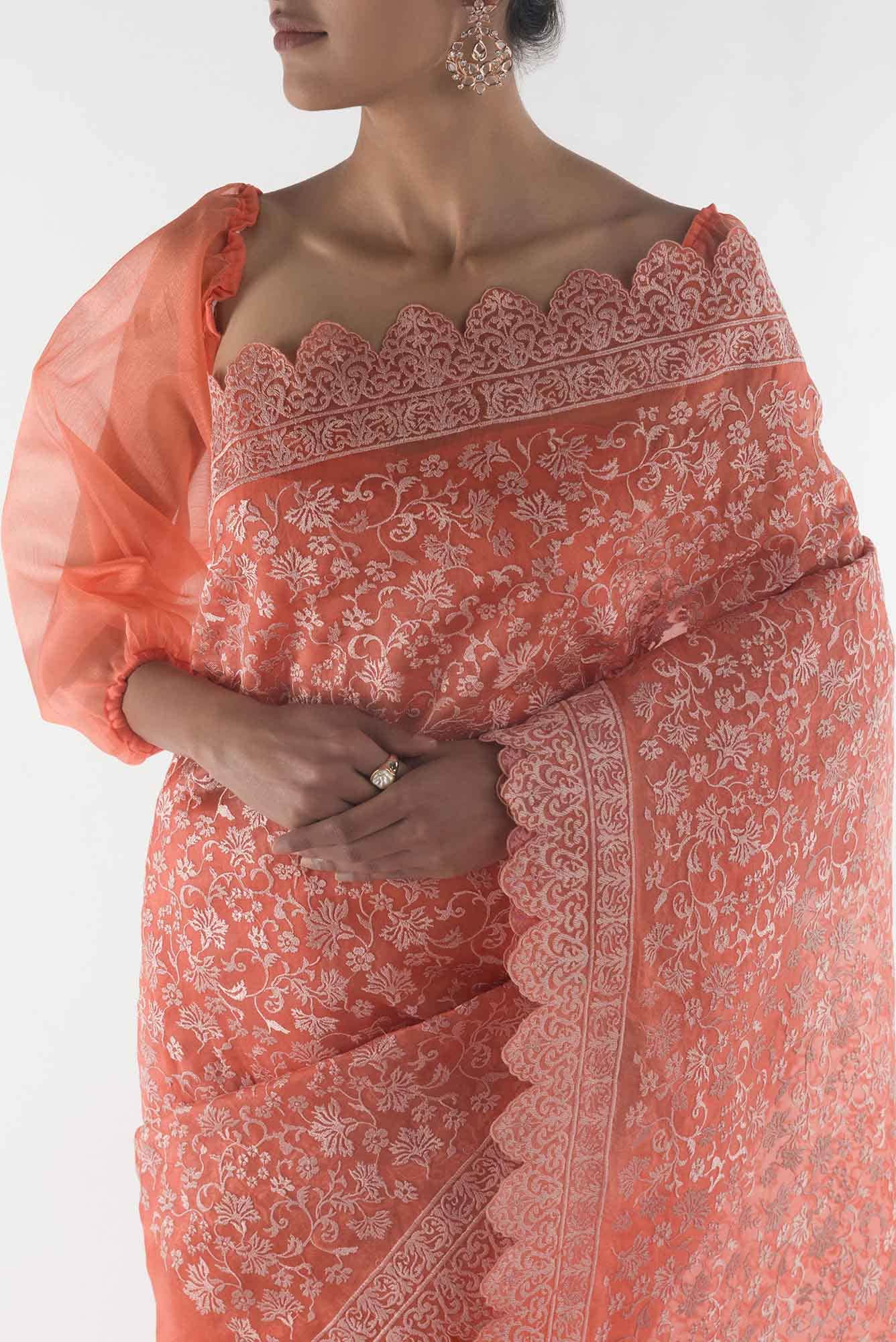 Iris waltz Orange floral design saree from Embroidered Romance Collection by Nalli
