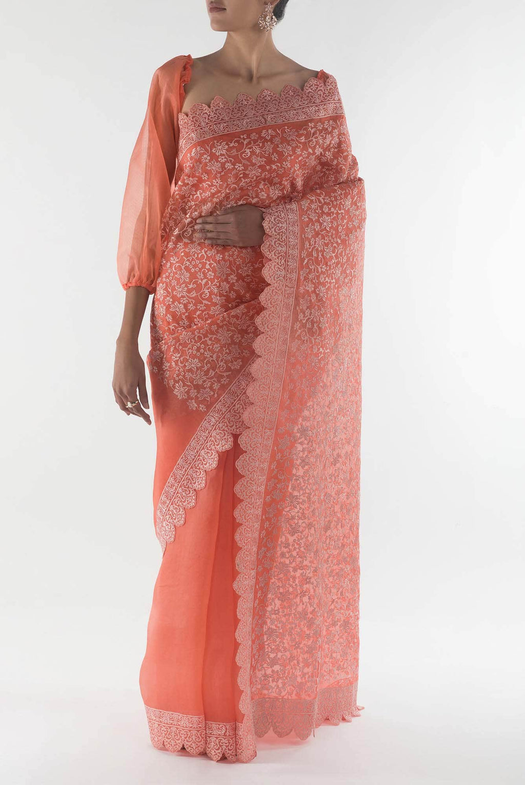 Iris waltz Orange floral design saree from Embroidered Romance Collection by Nalli