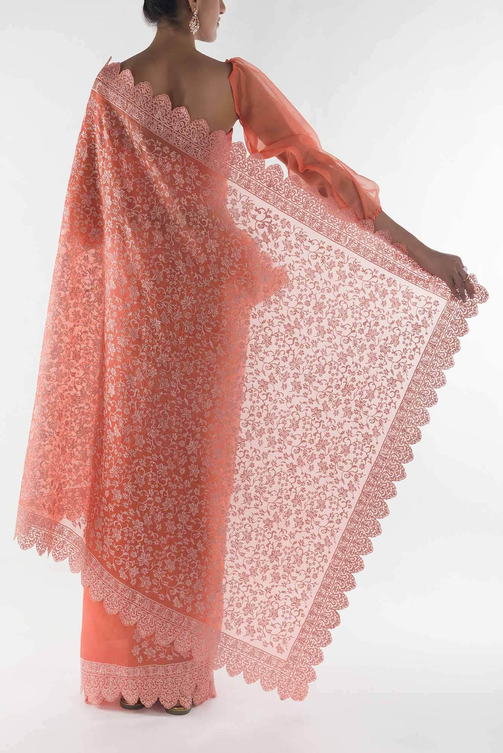 Iris waltz Orange floral design saree from Embroidered Romance Collection by Nalli