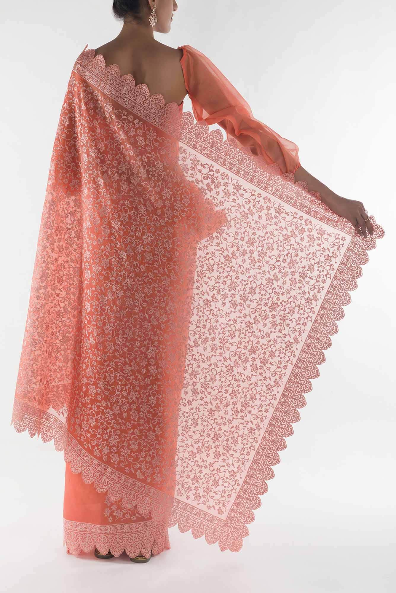 Iris waltz Orange floral design saree from Embroidered Romance Collection by Nalli