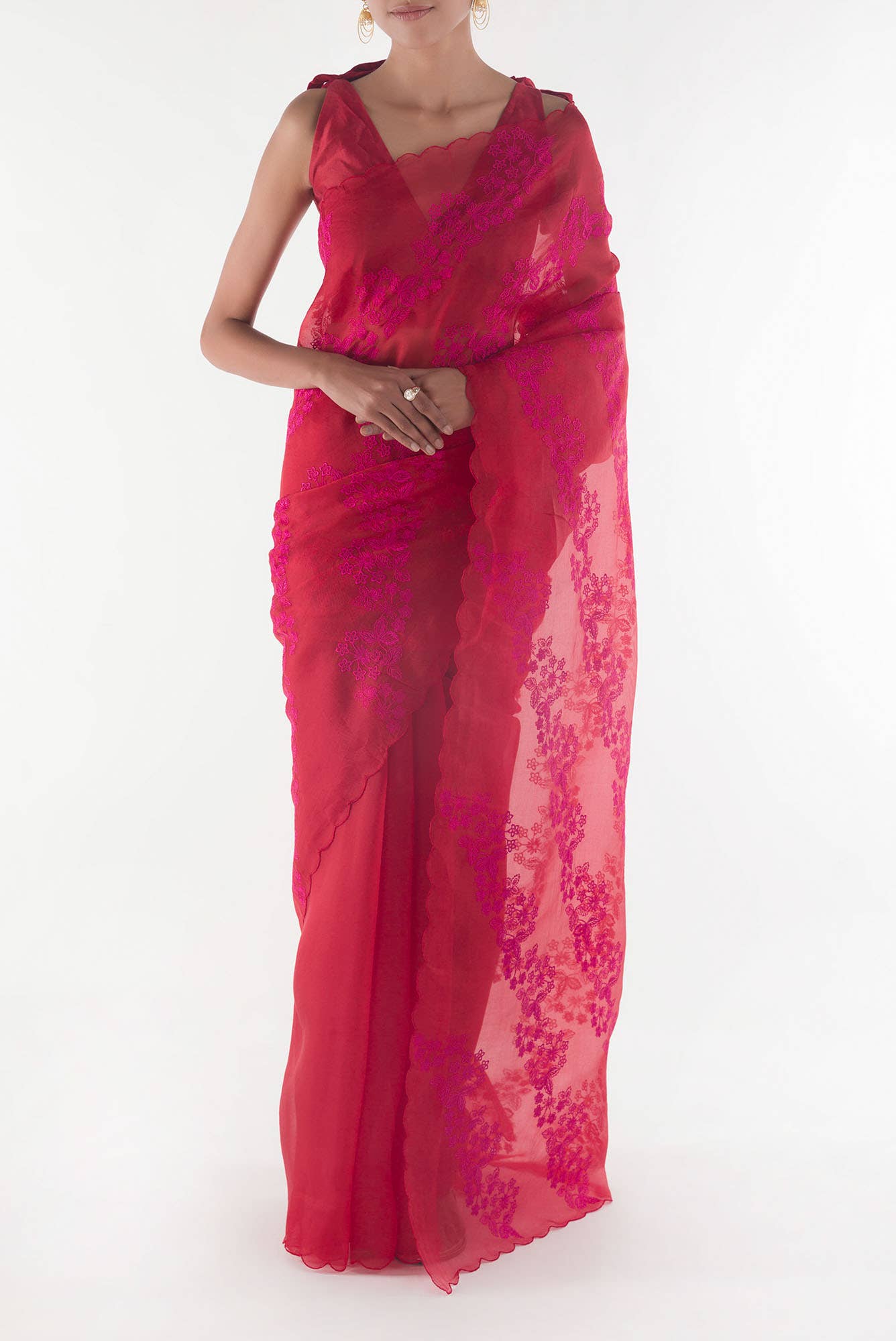 Bella Red floral design saree from Embroidered Romance Collection by Nalli