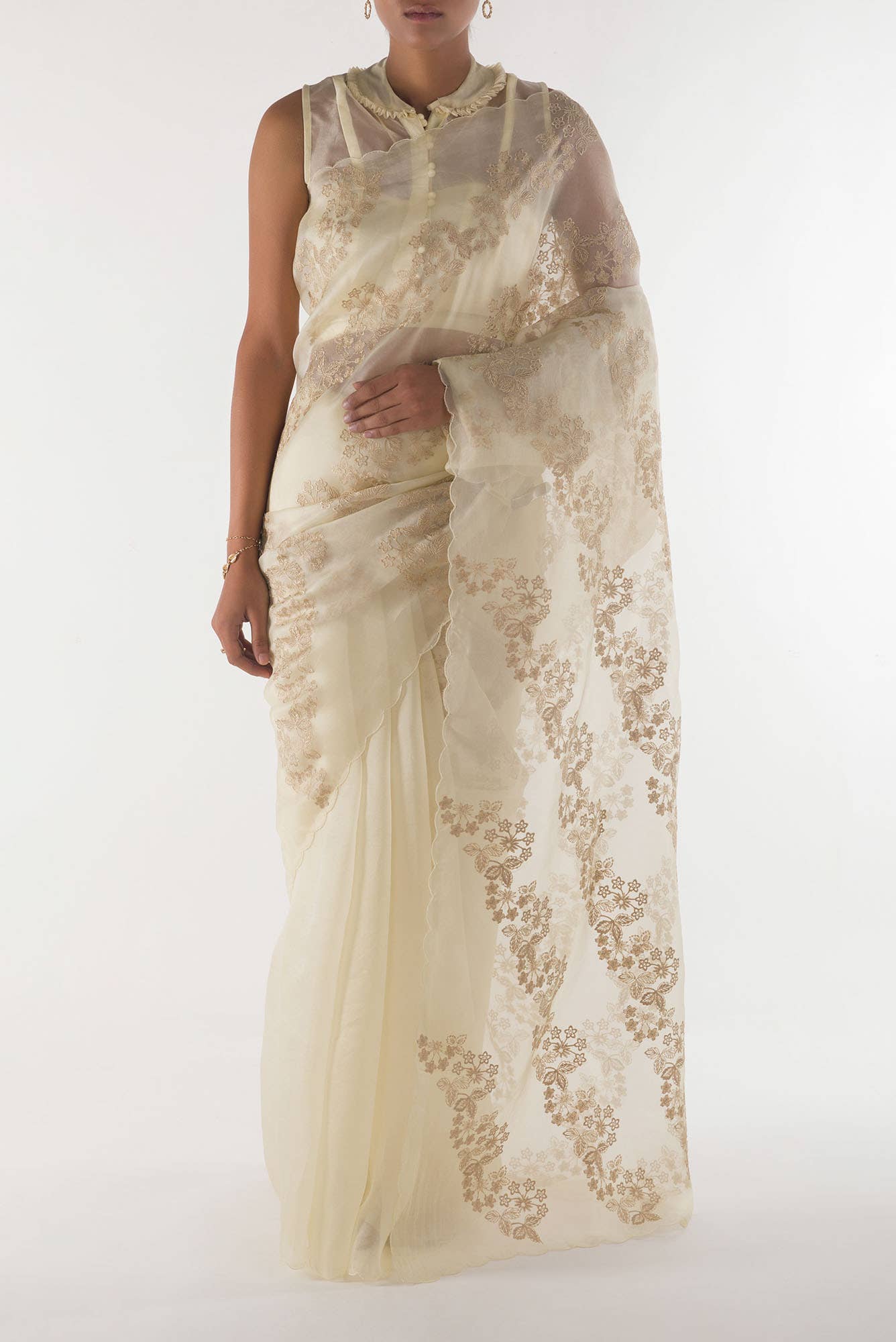 Bella Cream floral design saree from Embroidered Romance Collection by Nalli