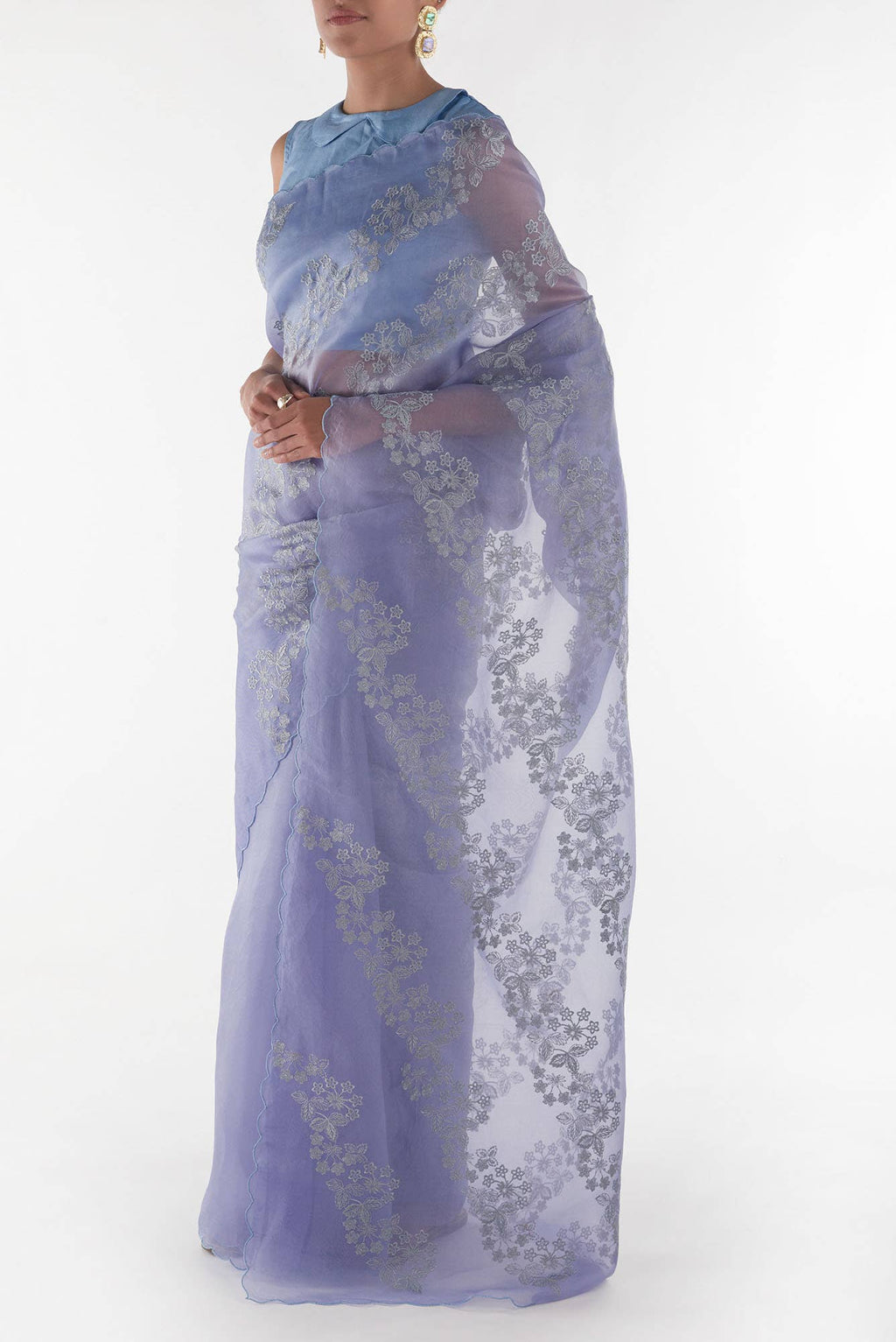Bella Blue floral design saree from Embroidered Romance Collection by Nalli