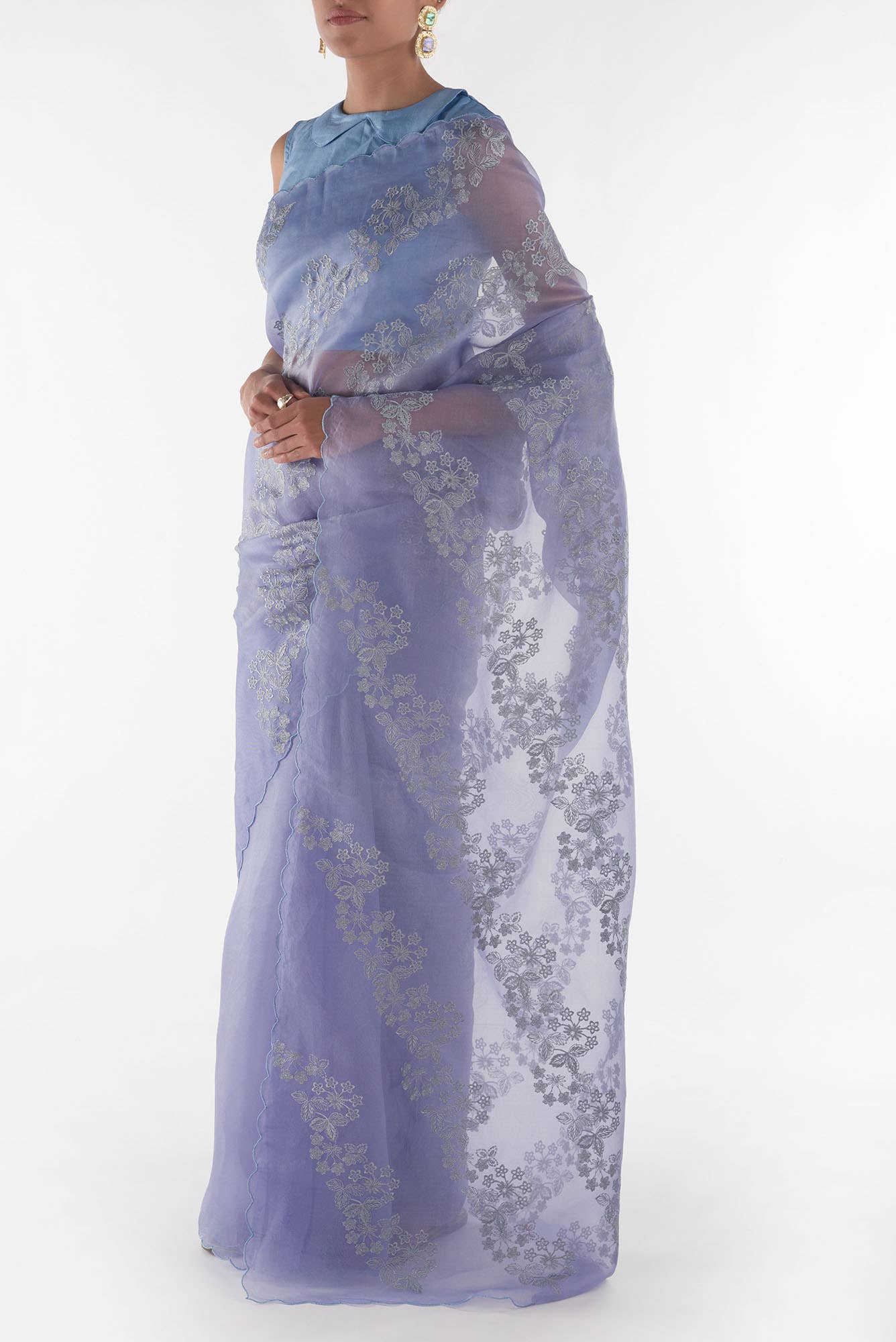Bella Blue floral design saree from Embroidered Romance Collection by Nalli