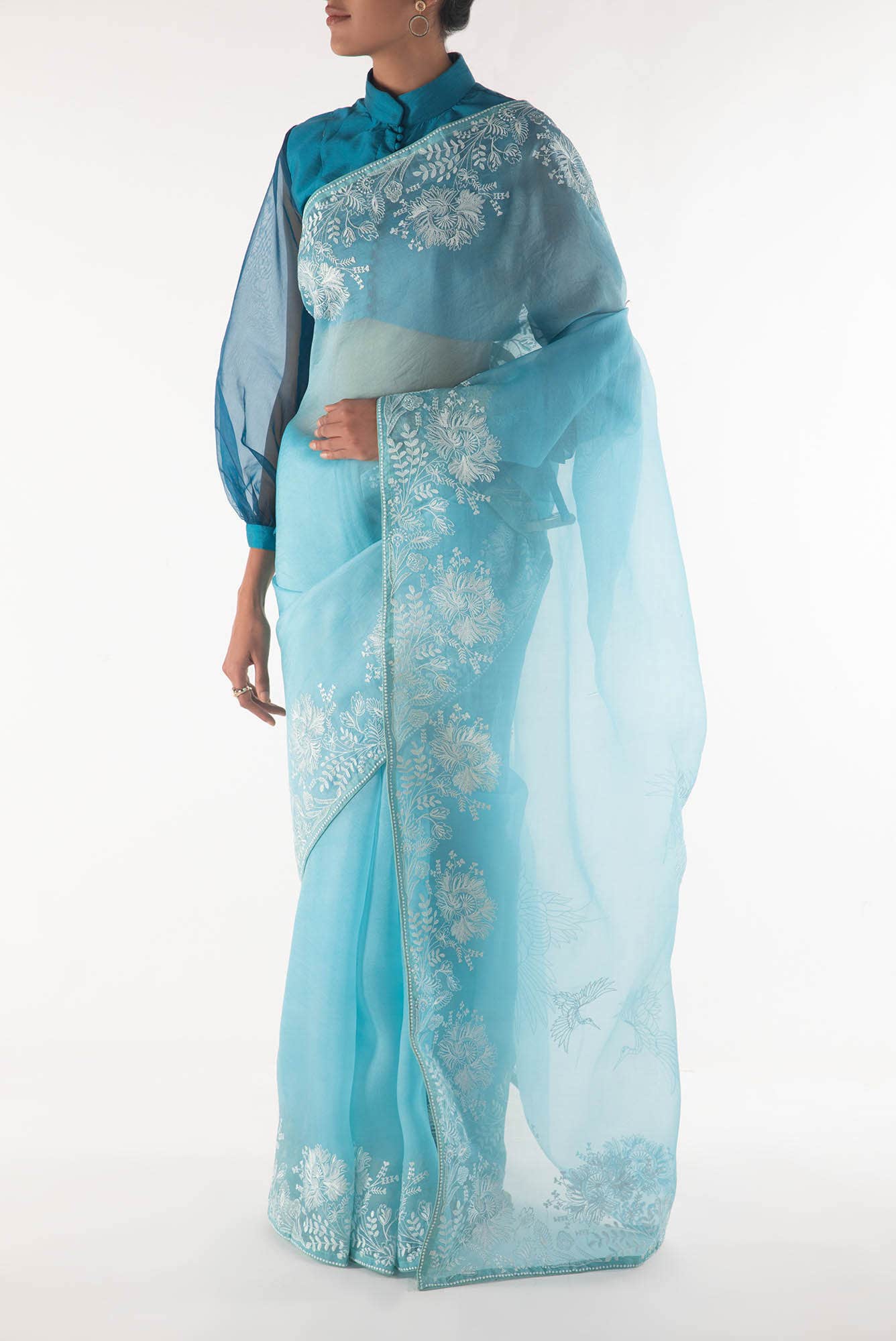 Asteracea Blue floral design saree from Embroidered Romance Collection by Nalli