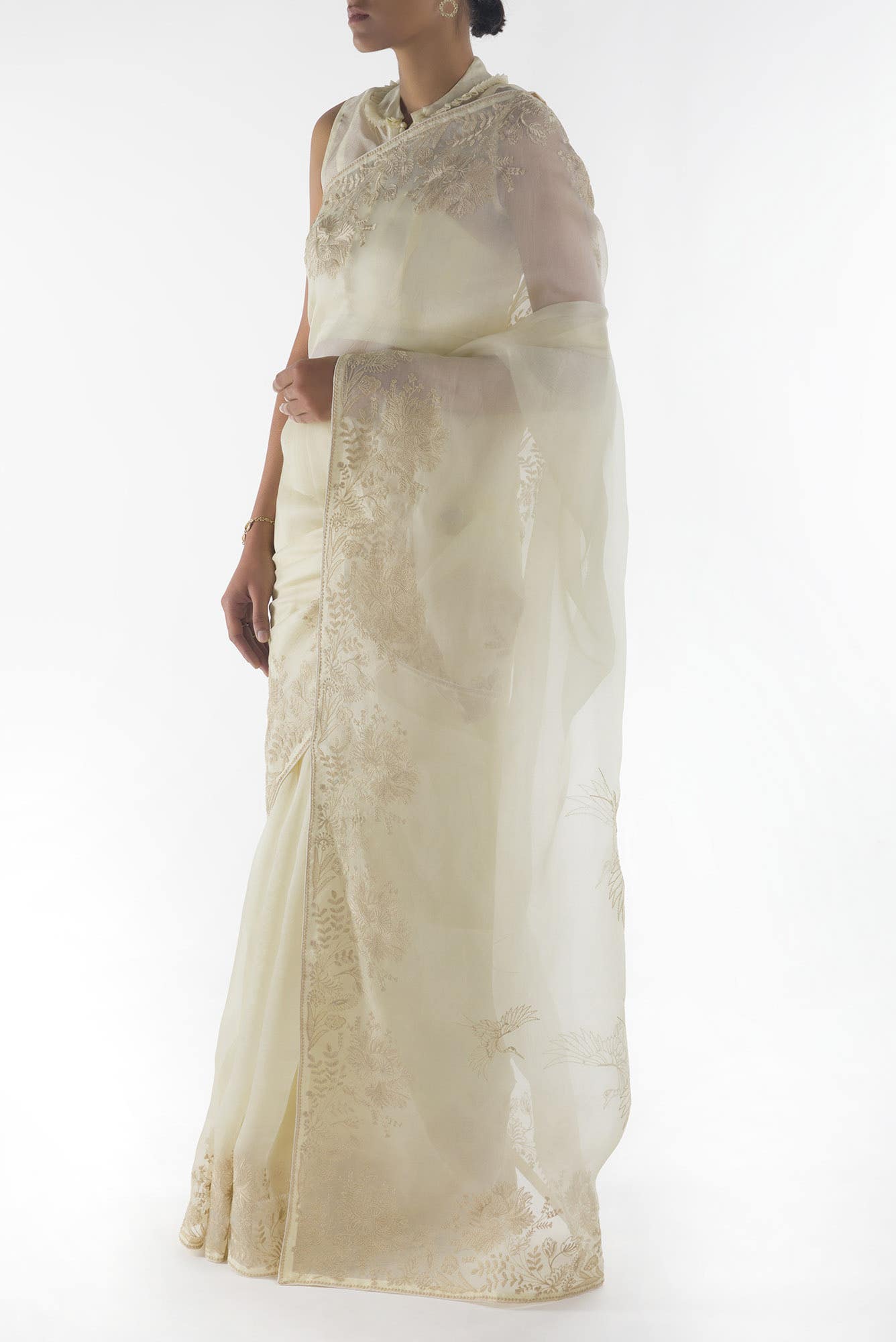 Asteracea Cream floral design saree from Embroidered Romance Collection by Nalli