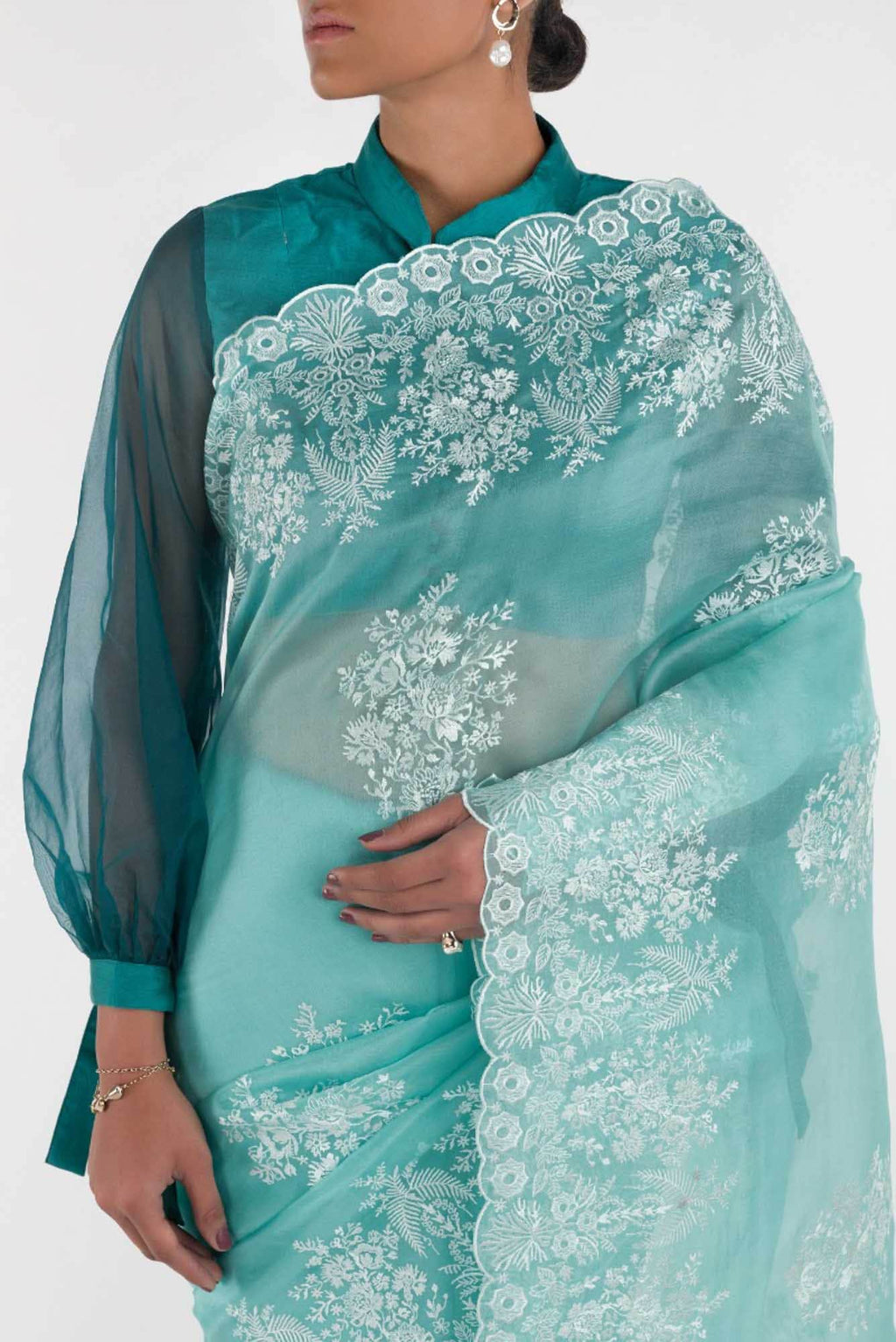 Minerva Turquoise floral design saree from Embroidered Romance Collection by Nalli