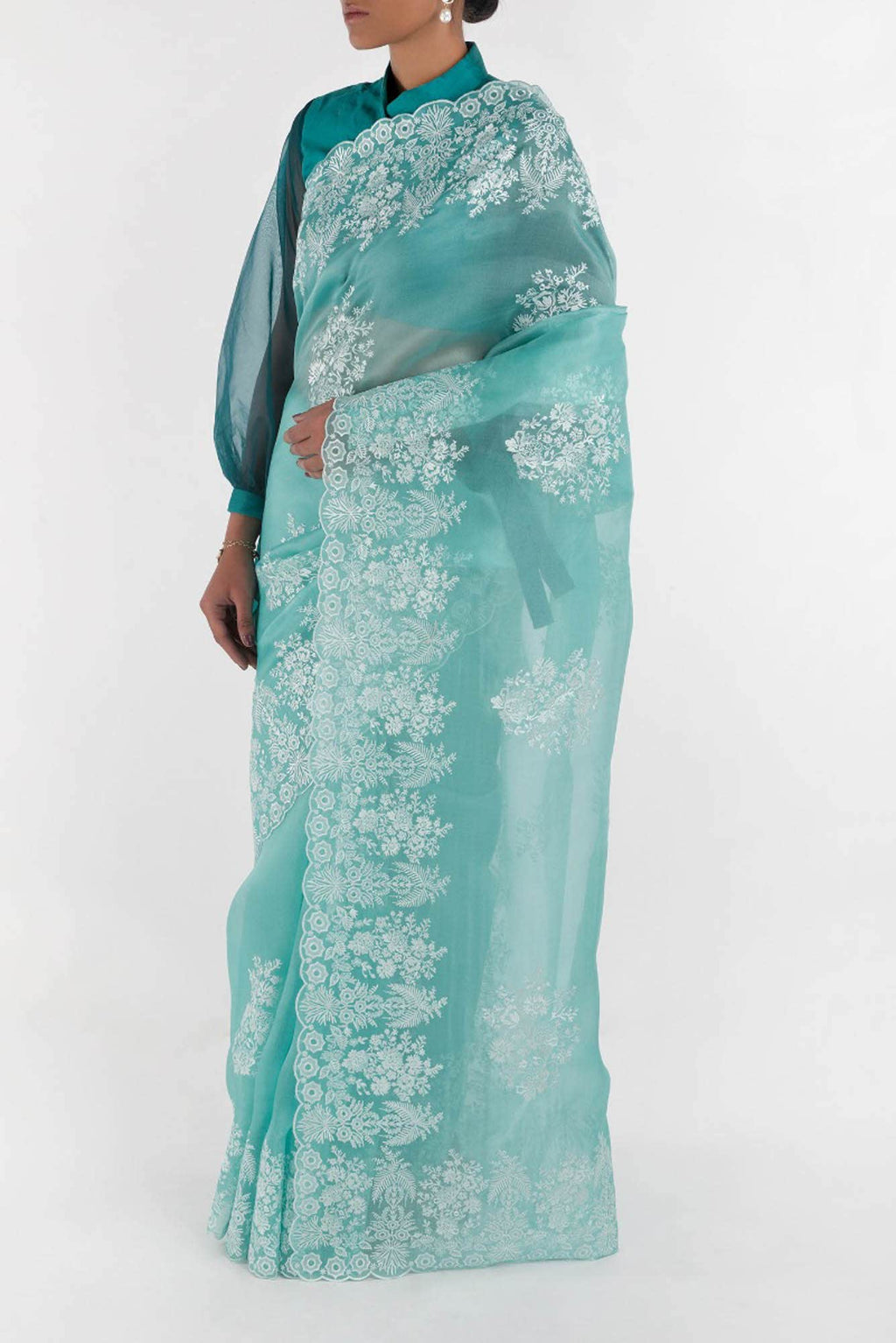 Minerva Turquoise floral design saree from Embroidered Romance Collection by Nalli