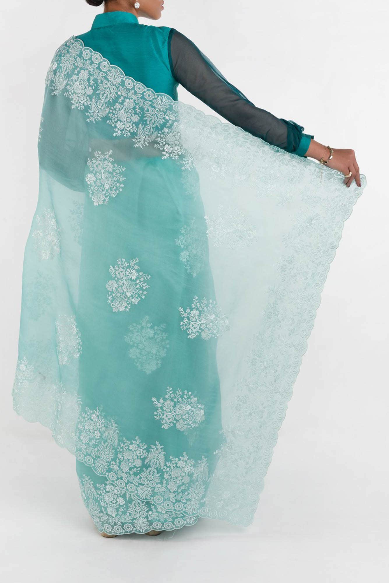 Minerva Turquoise floral design saree from Embroidered Romance Collection by Nalli