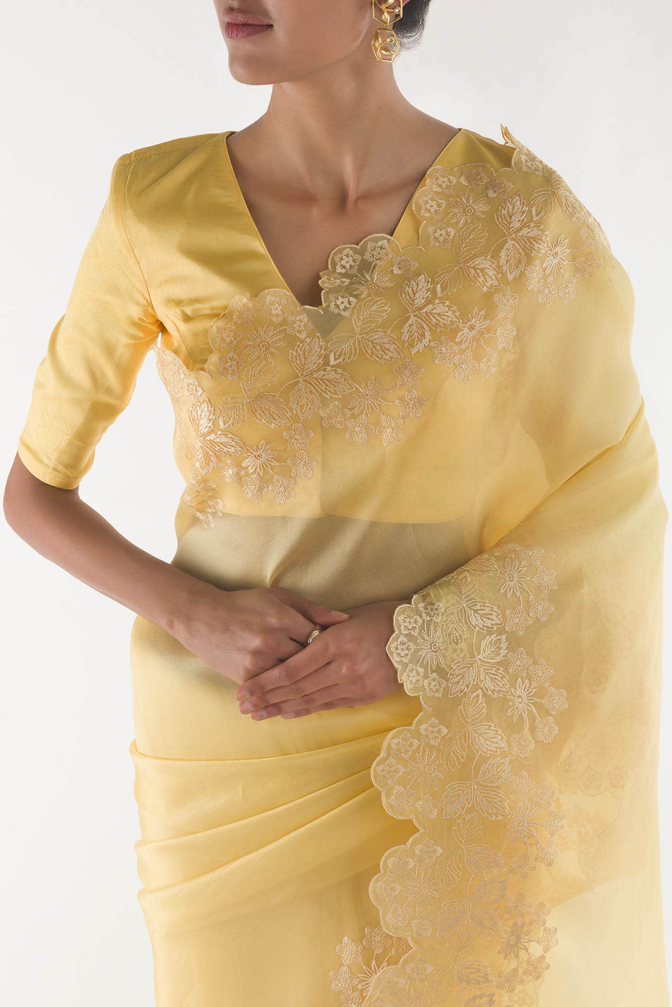 Forget-me-not Lemon yellow floral design saree from Embroidered Romance Collection by Nalli