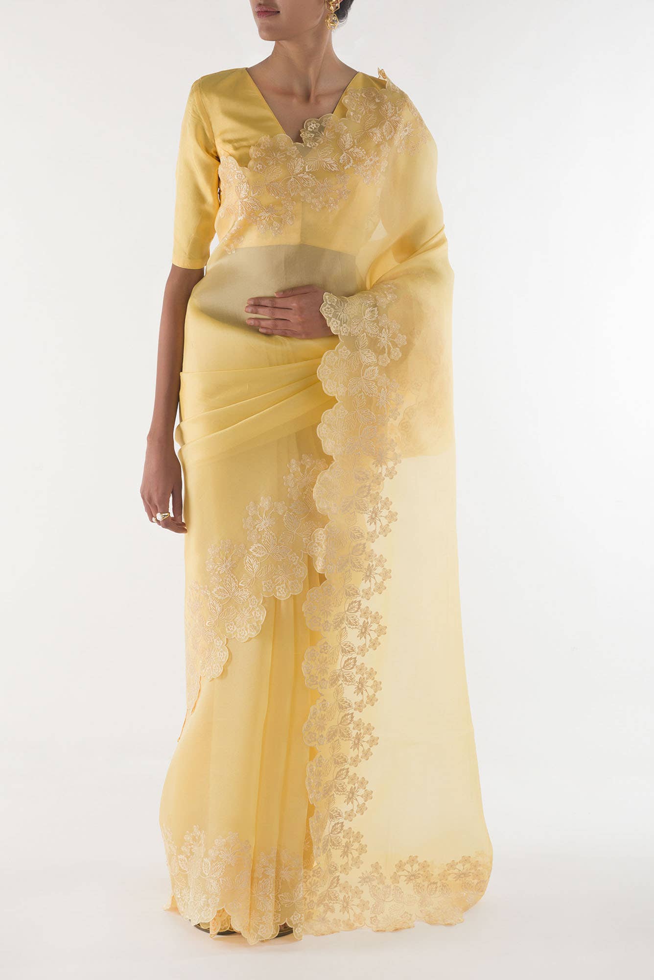 Forget-me-not Lemon yellow floral design saree from Embroidered Romance Collection by Nalli