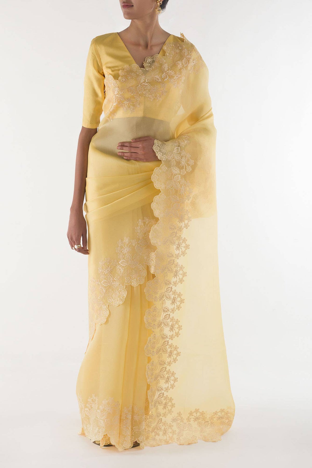 Forget-me-not Lemon yellow floral design saree from Embroidered Romance Collection by Nalli