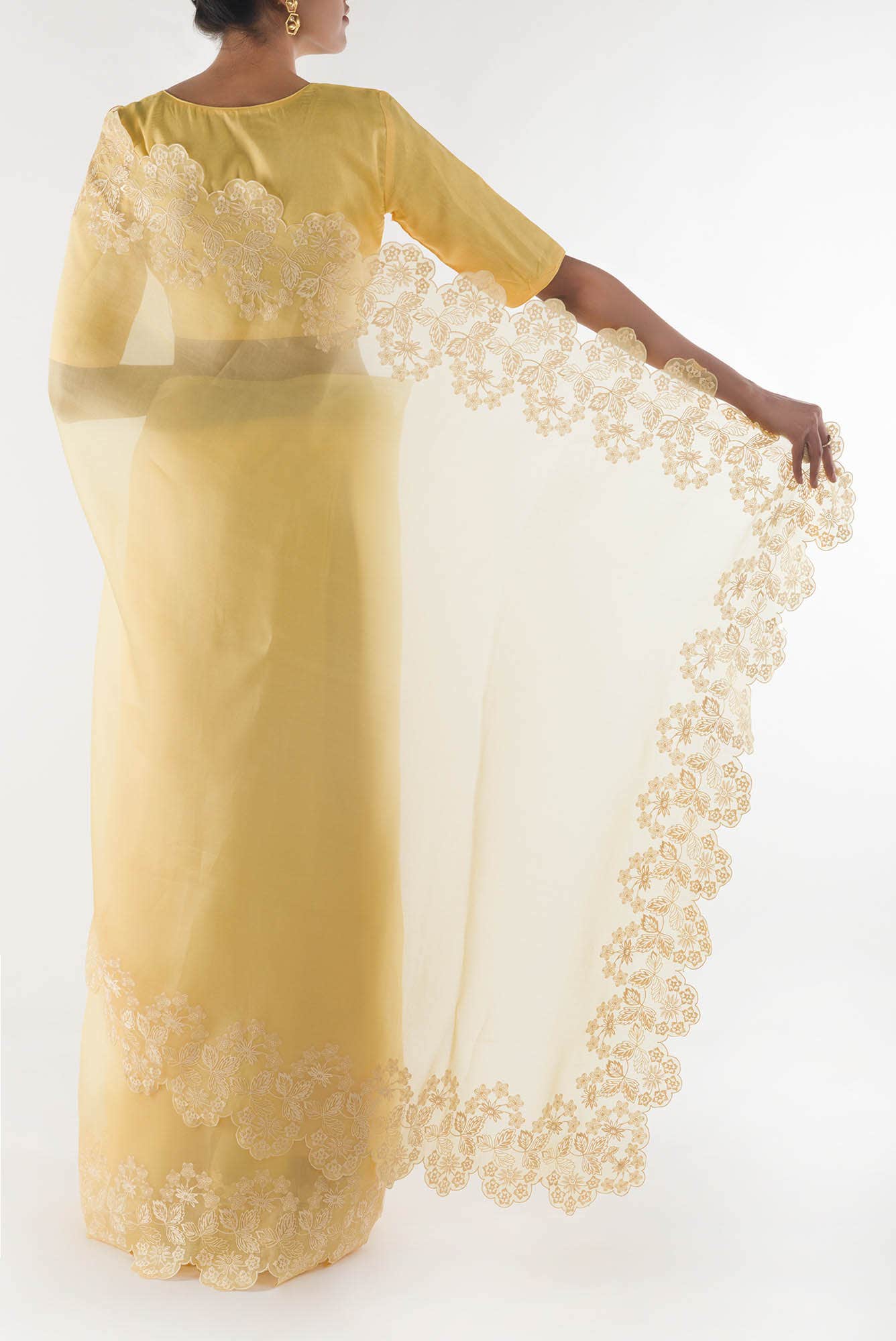 Forget-me-not Lemon yellow floral design saree from Embroidered Romance Collection by Nalli
