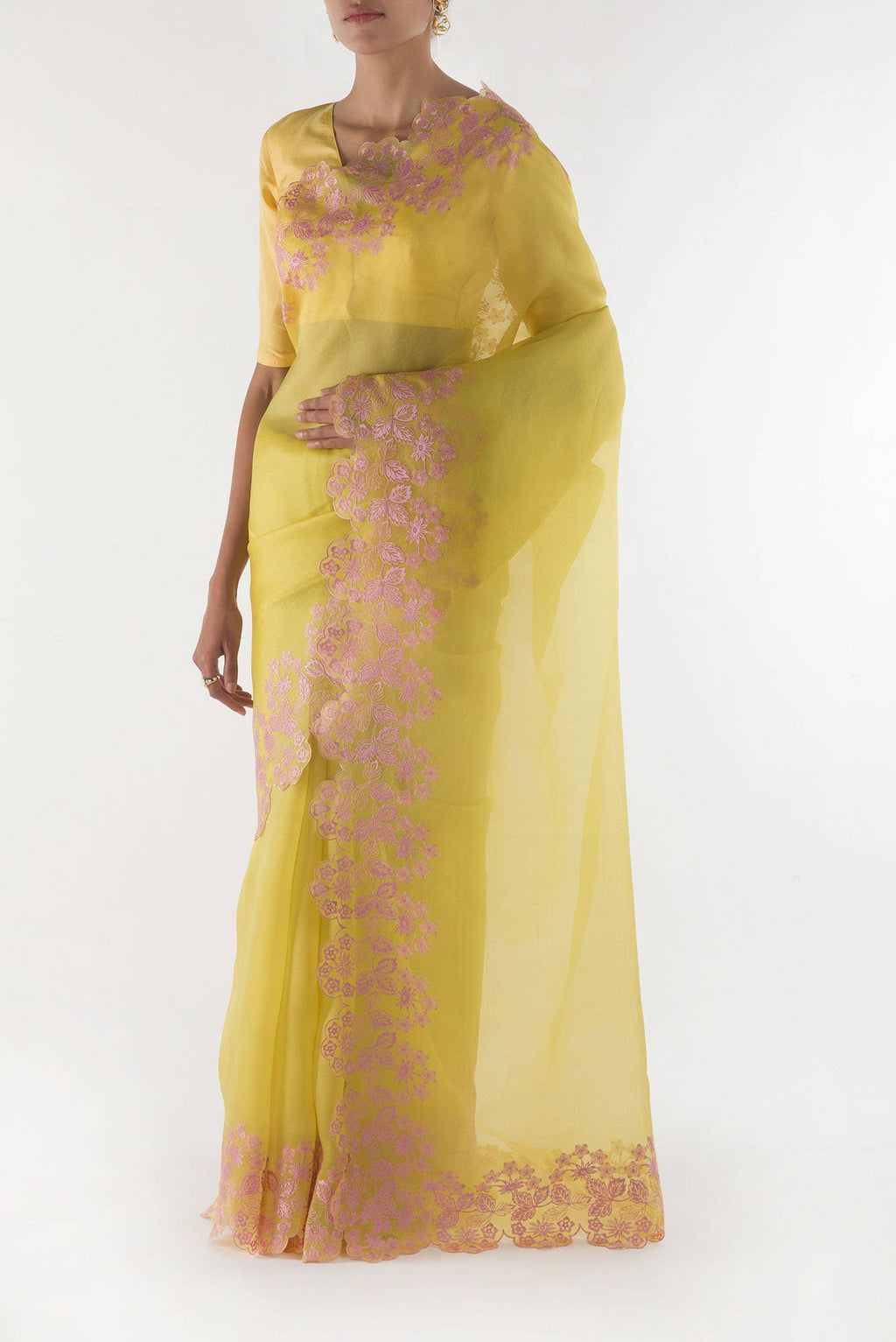 Forget-me-not Yellow floral design saree from Embroidered Romance Collection by Nalli