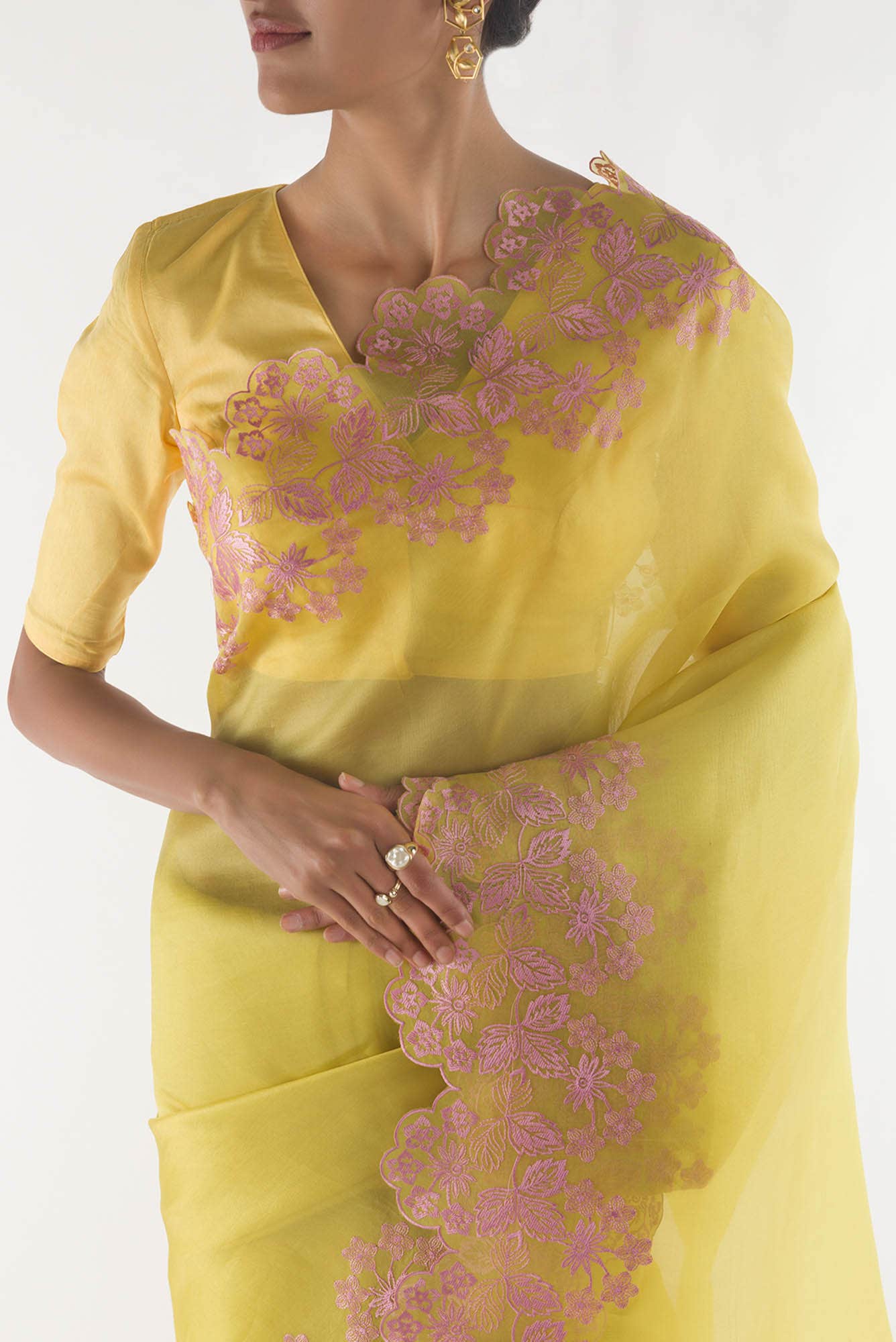 Forget-me-not Yellow floral design saree from Embroidered Romance Collection by Nalli