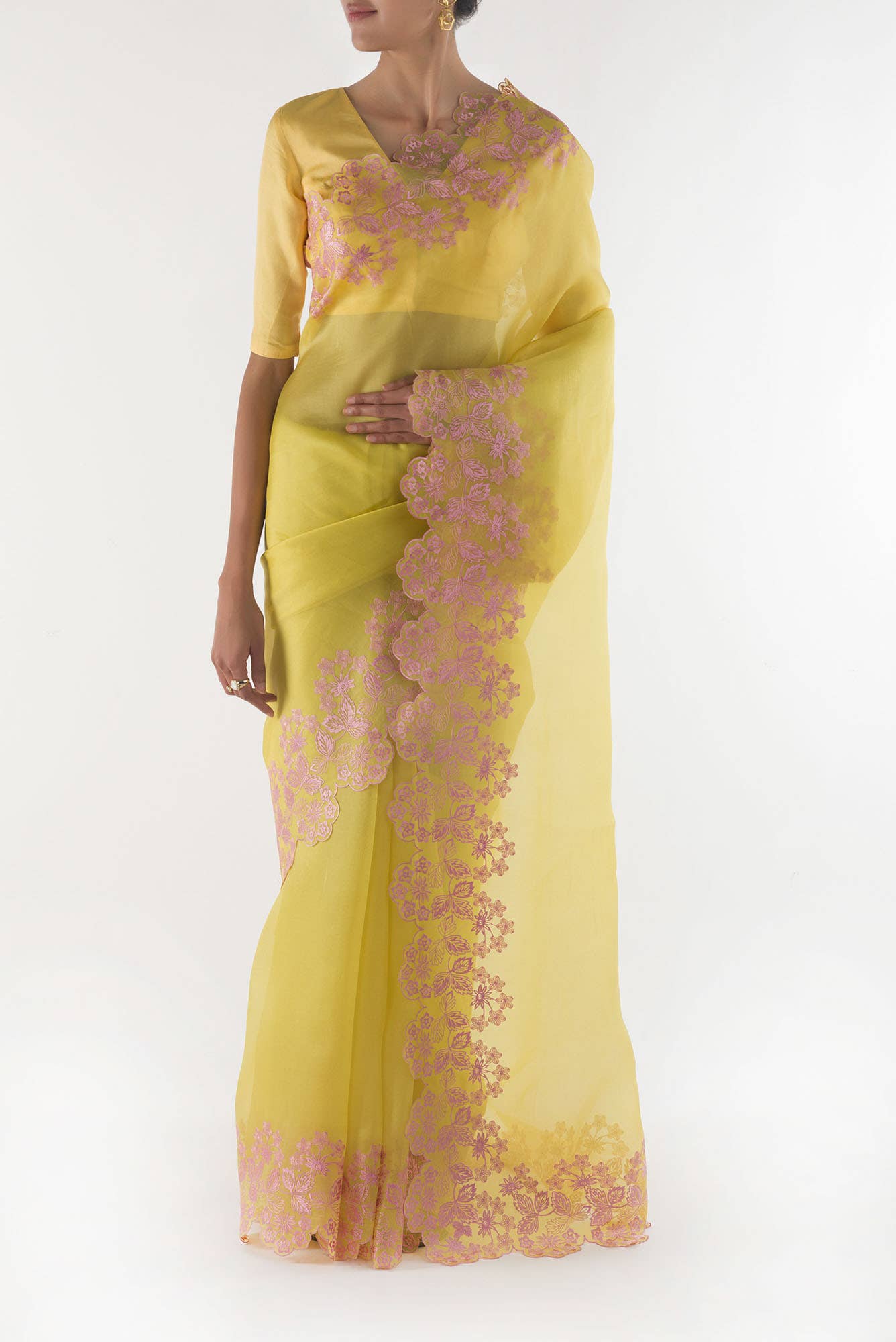 Forget-me-not Yellow floral design saree from Embroidered Romance Collection by Nalli