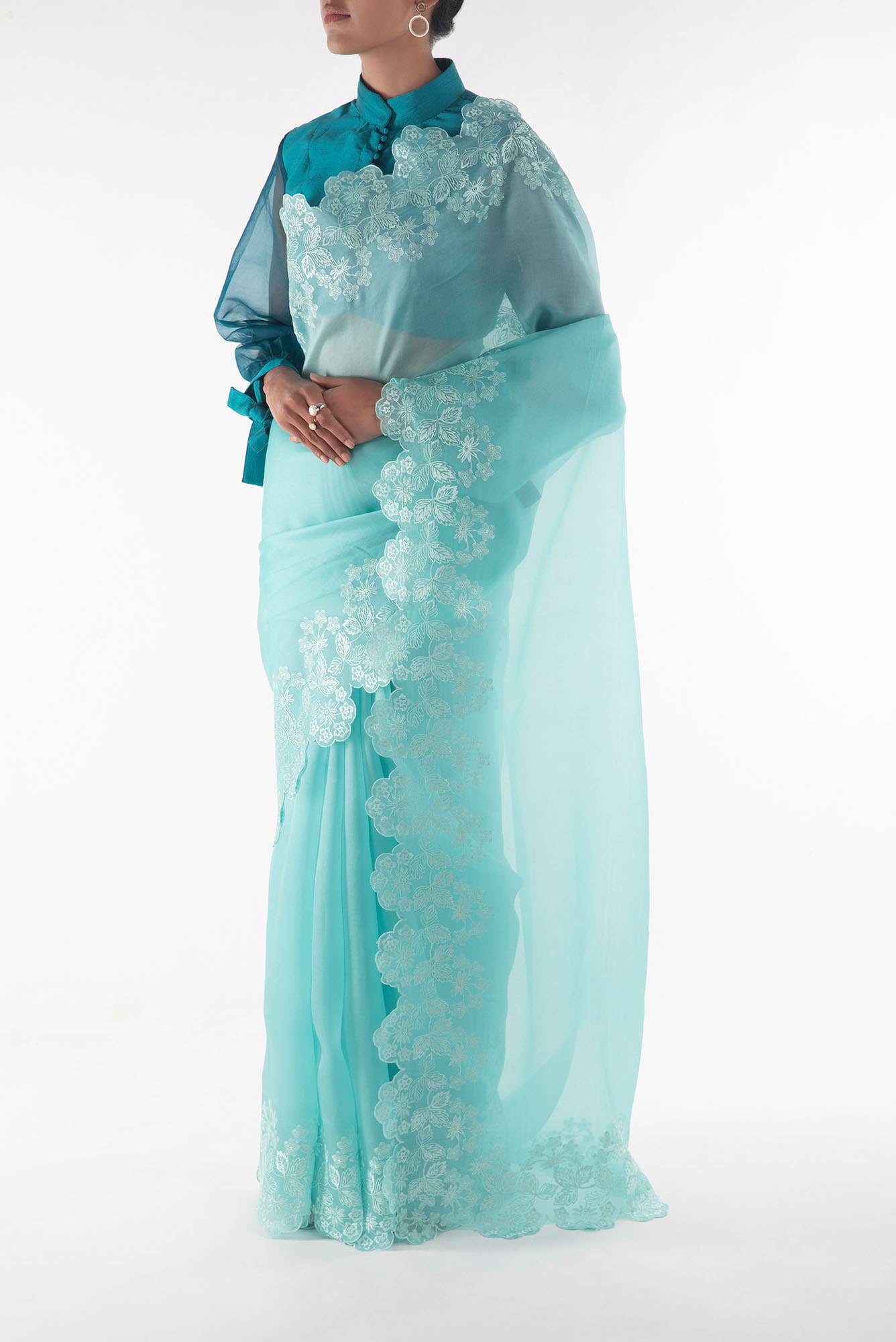 Forget-me-not Blue floral design saree from Embroidered Romance Collection by Nalli