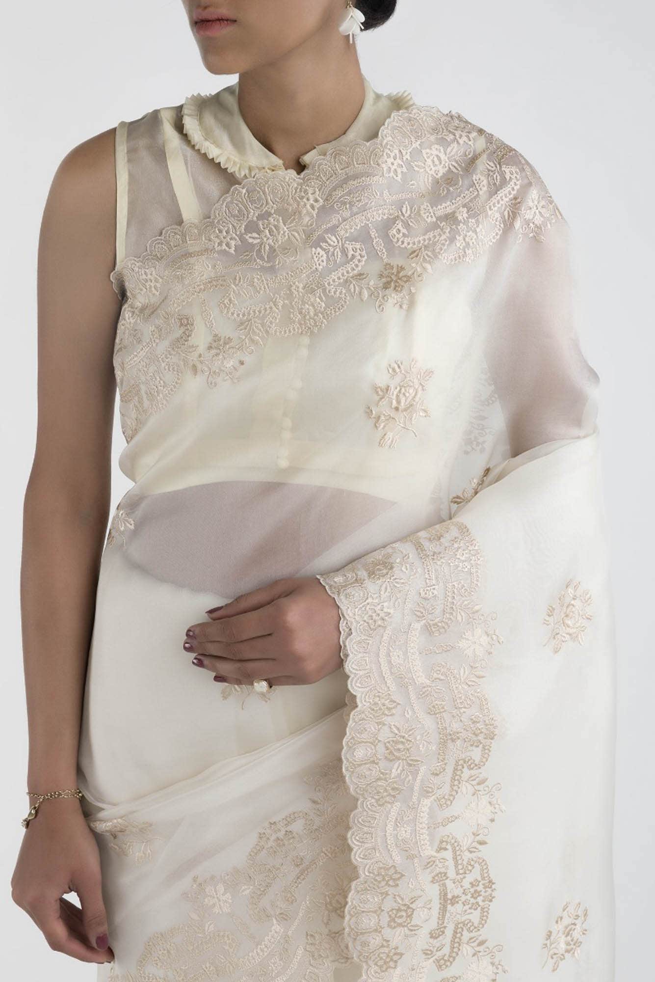 Romance of the Roses Cream floral design saree from Embroidered Romance Collection by Nalli