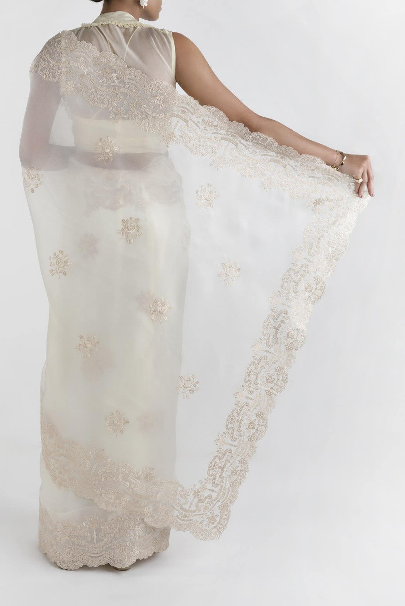 Romance of the Roses Cream floral design saree from Embroidered Romance Collection by Nalli