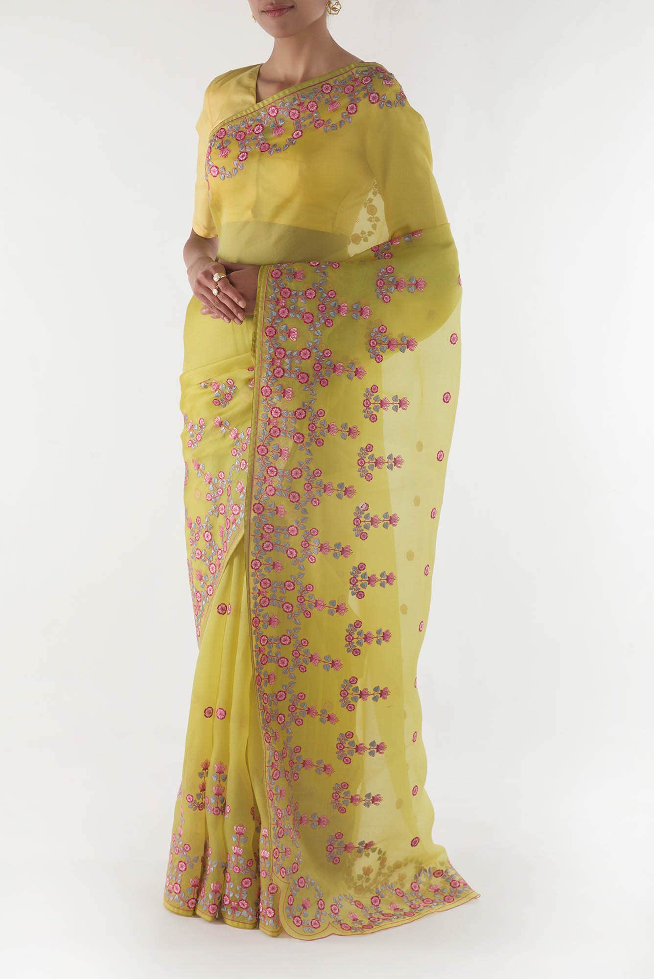 Ethereal Love Lemon Yellow floral design saree from Embroidered Romance Collection by Nalli