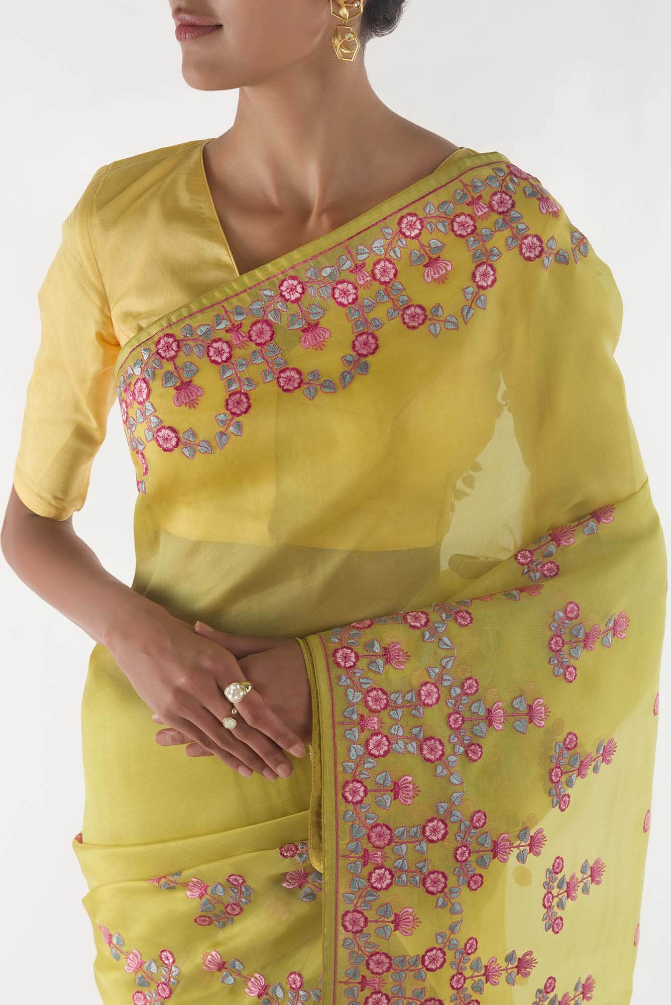 Ethereal Love Lemon Yellow floral design saree from Embroidered Romance Collection by Nalli