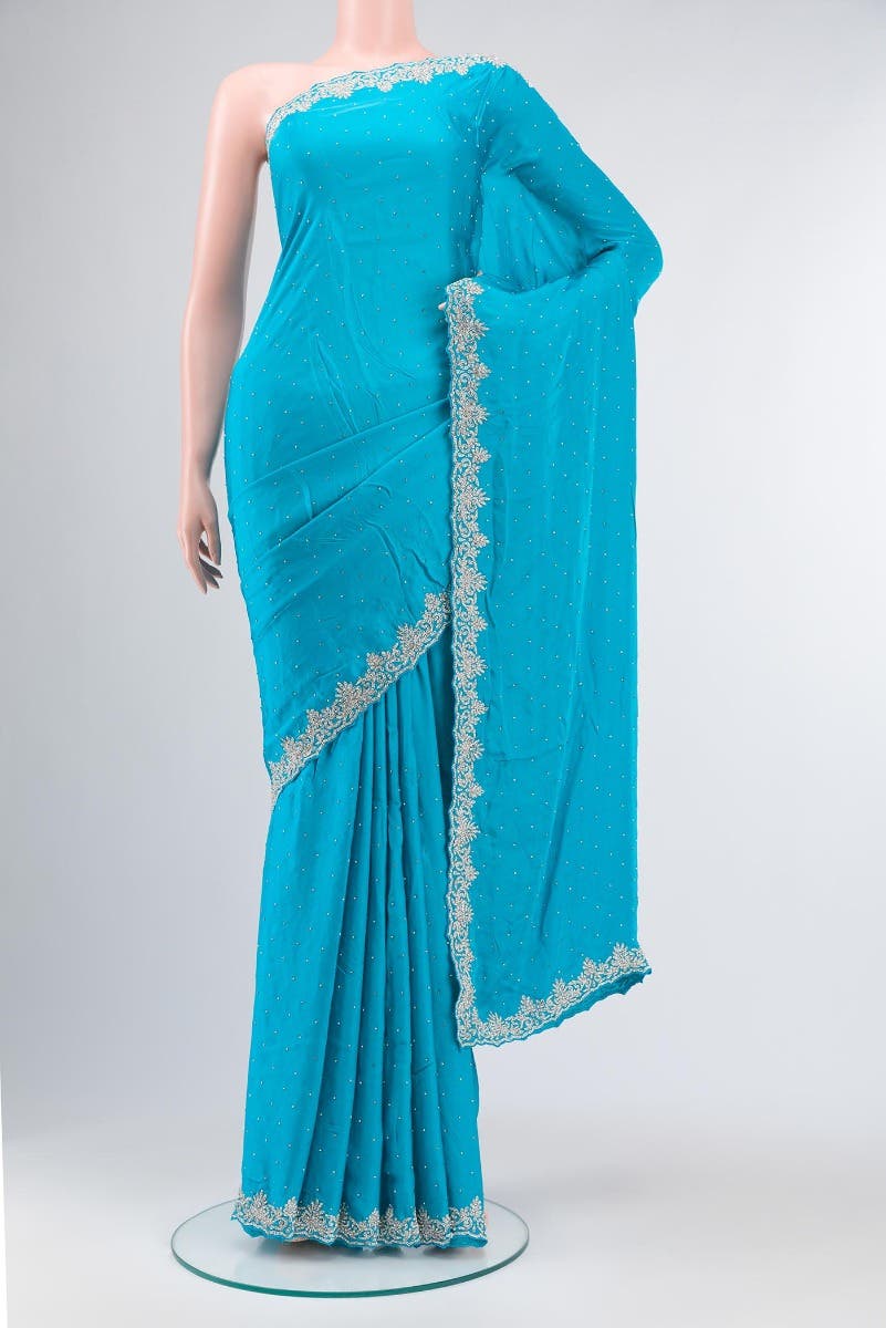 Blue Blended Satin Saree
