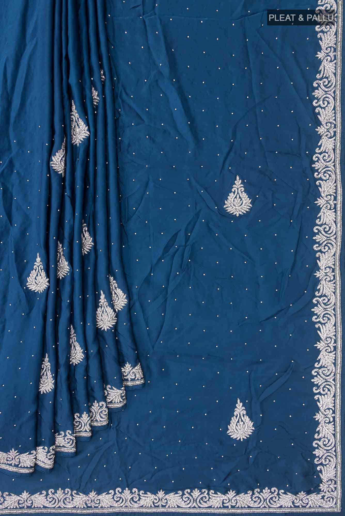 Blue Blended Satin Silk Saree