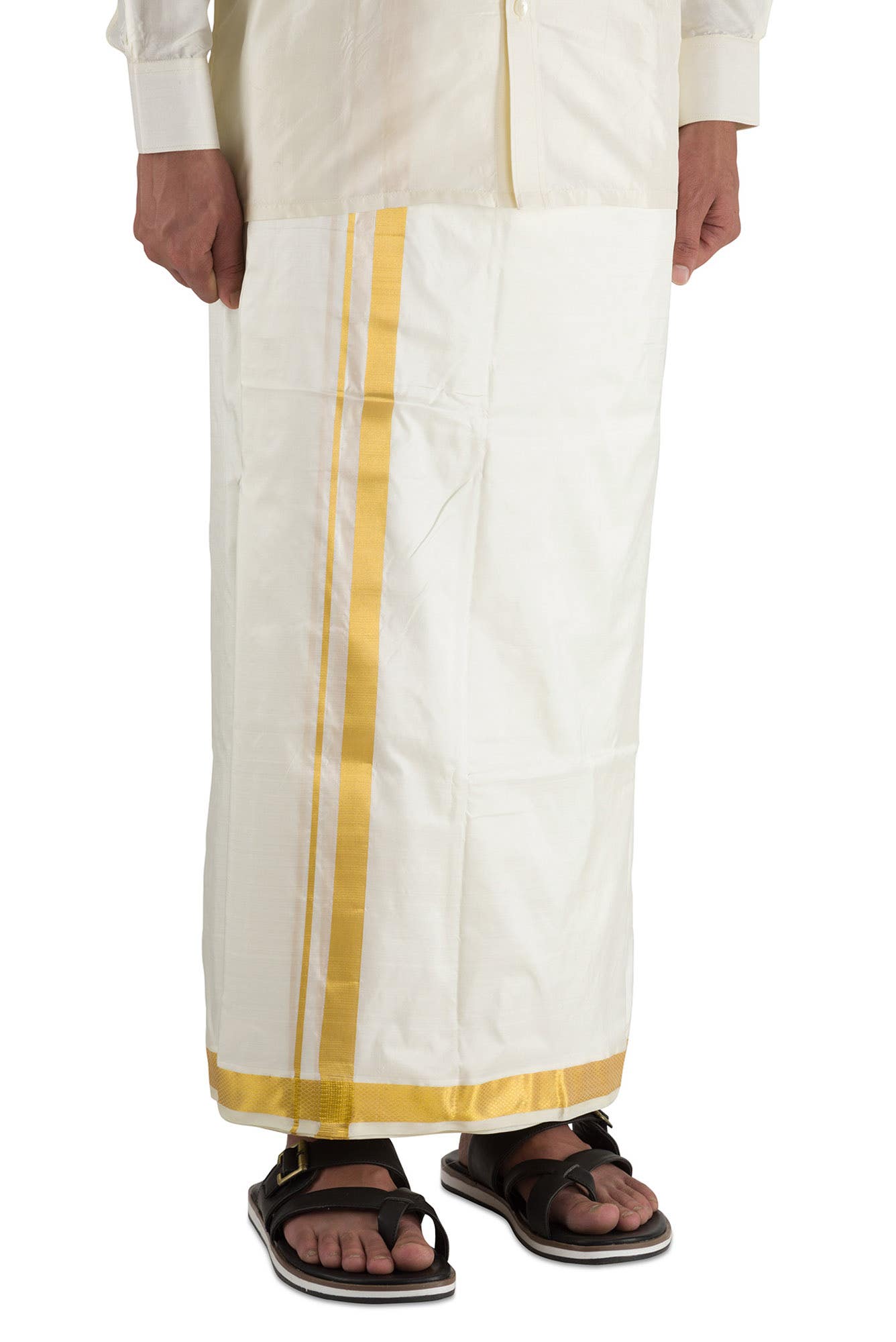 Cream Silk Dhoti With Angavastram (9X 5) Muzham Dhoti