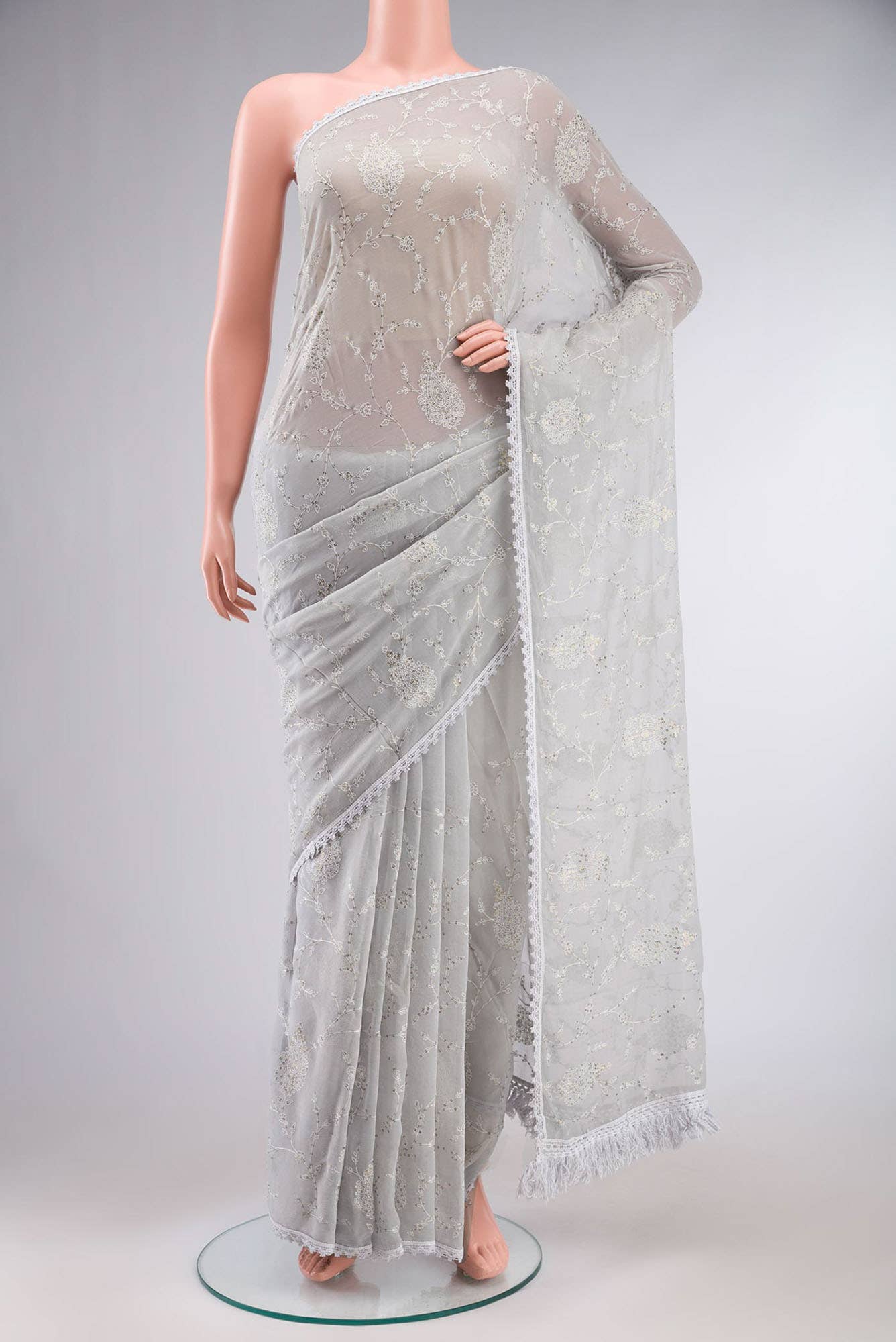 Grey Blended Chiffon Saree