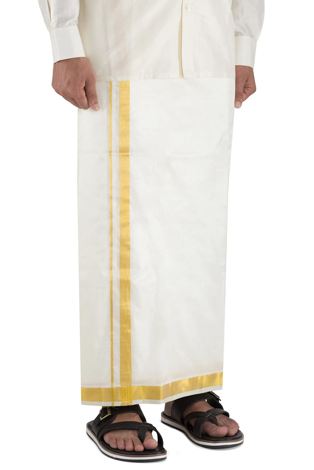 Cream Silk Dhoti With Angavastram (8X4) Muzham Dhoti