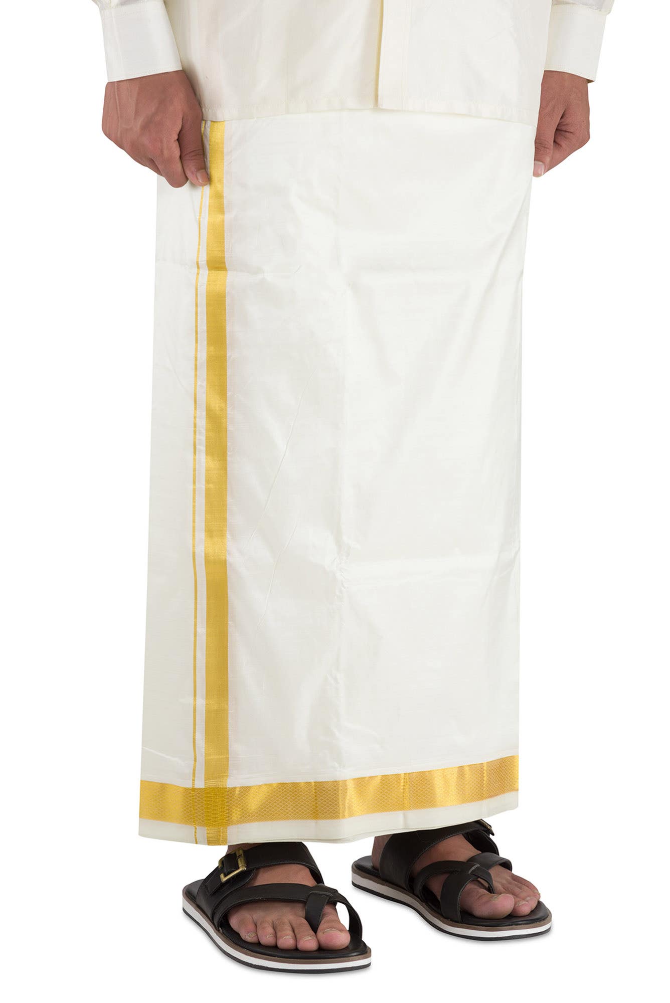 Cream Silk Dhoti With Angavastram (9X 5) Muzham Dhoti