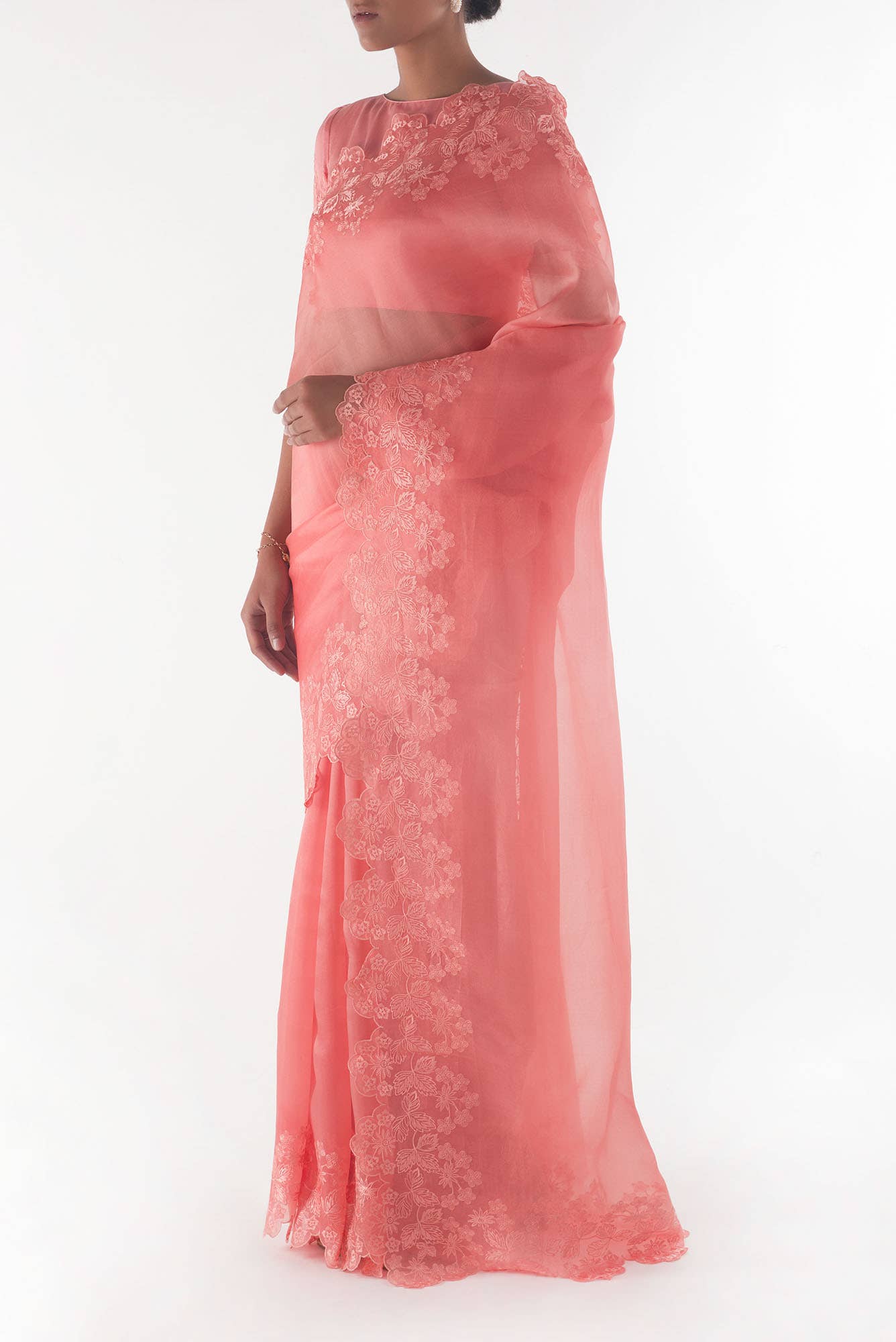 Forget-me-not Peach floral design saree from Embroidered Romance Collection by Nalli