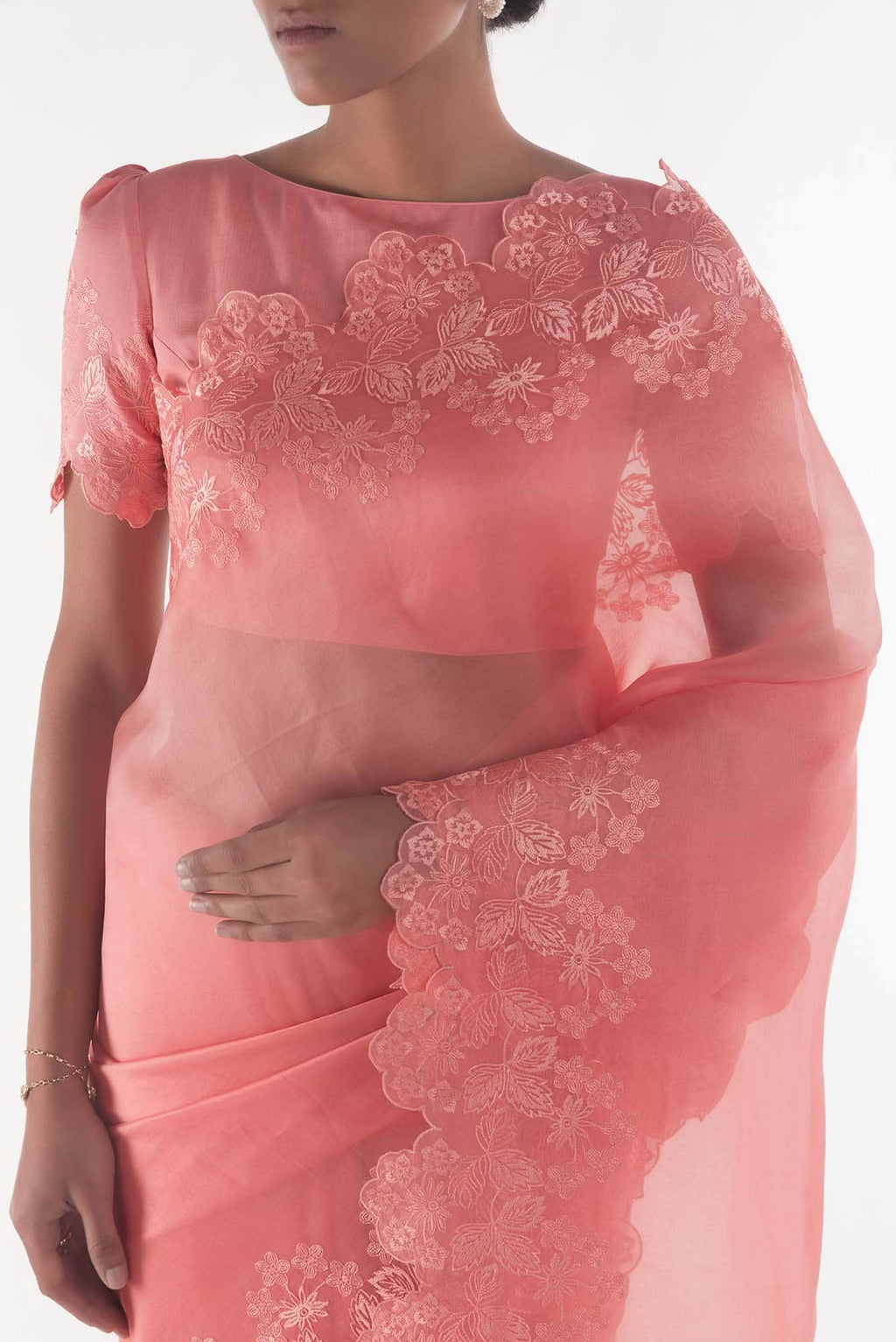 Forget-me-not Peach floral design saree from Embroidered Romance Collection by Nalli