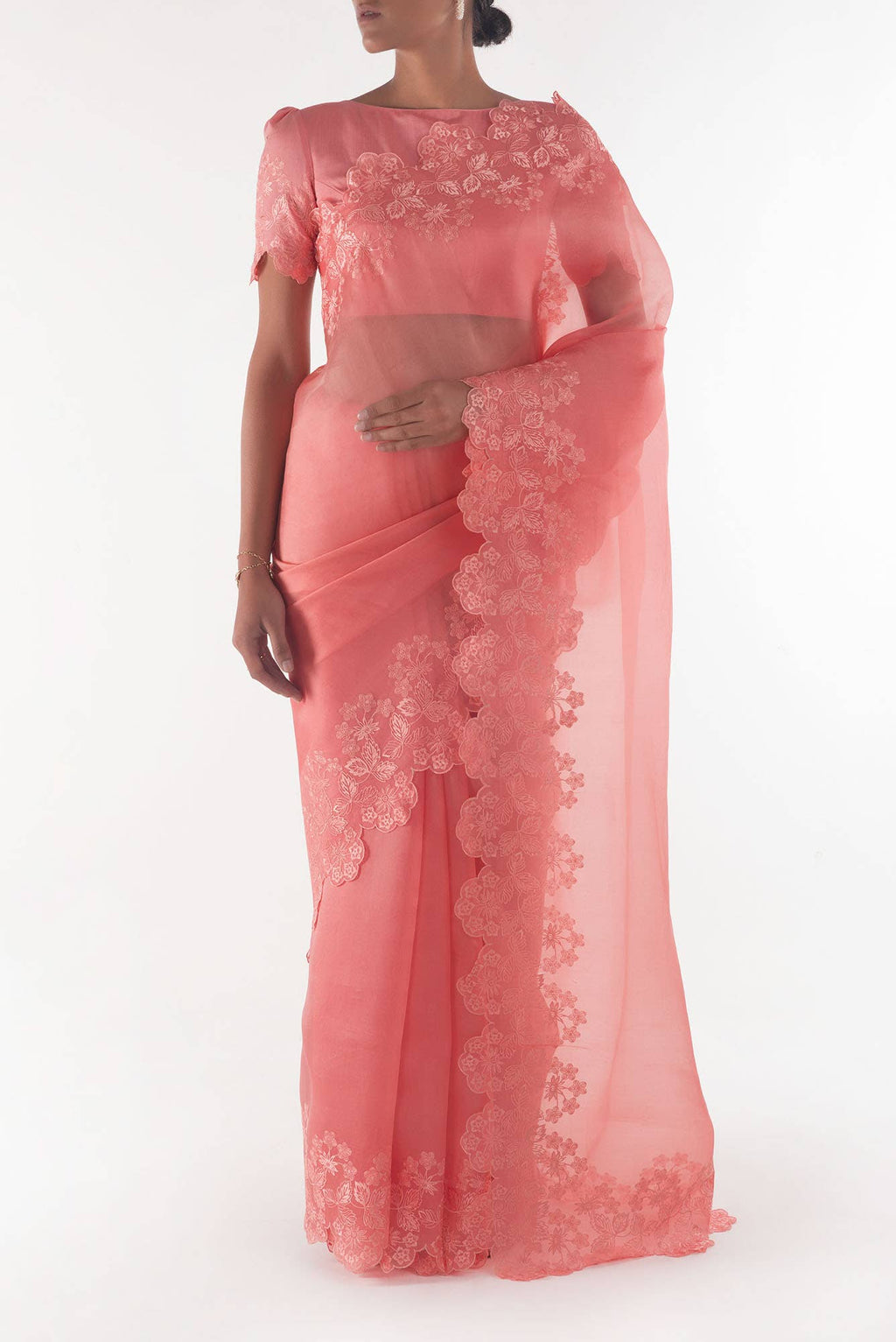 Forget-me-not Peach floral design saree from Embroidered Romance Collection by Nalli