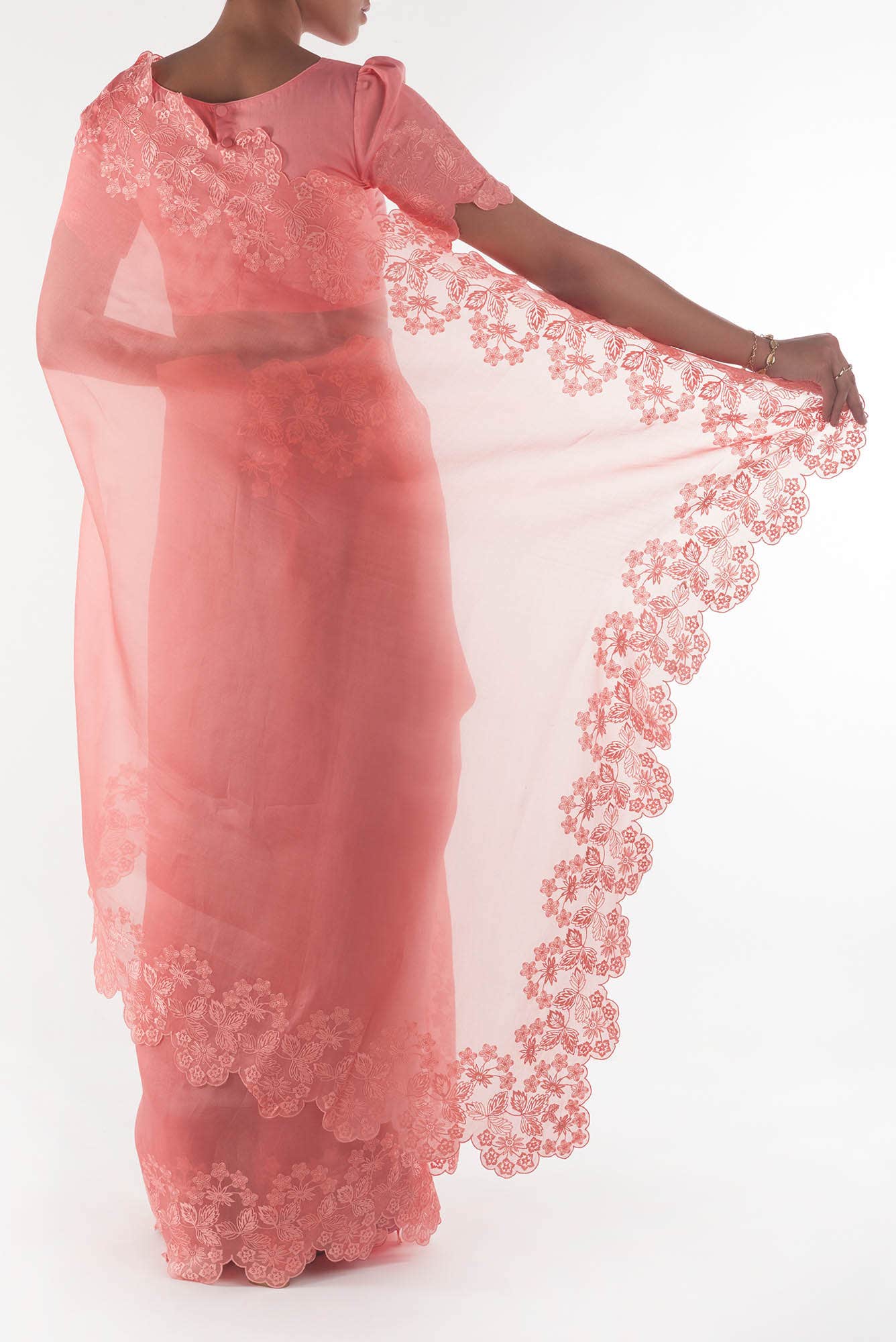 Forget-me-not Peach floral design saree from Embroidered Romance Collection by Nalli