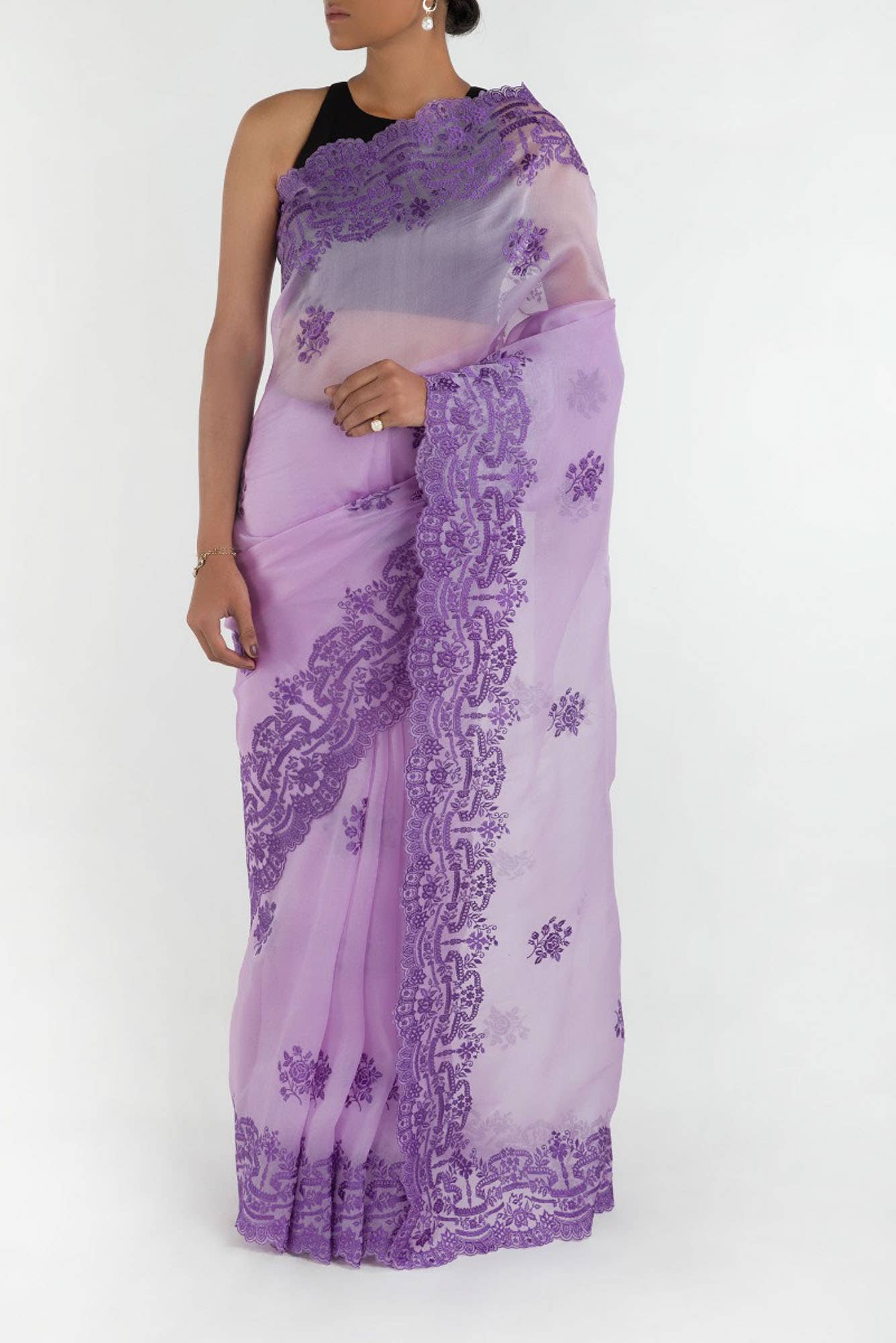 Romance of the Roses Lavender floral design saree from Embroidered Romance Collection by Nalli