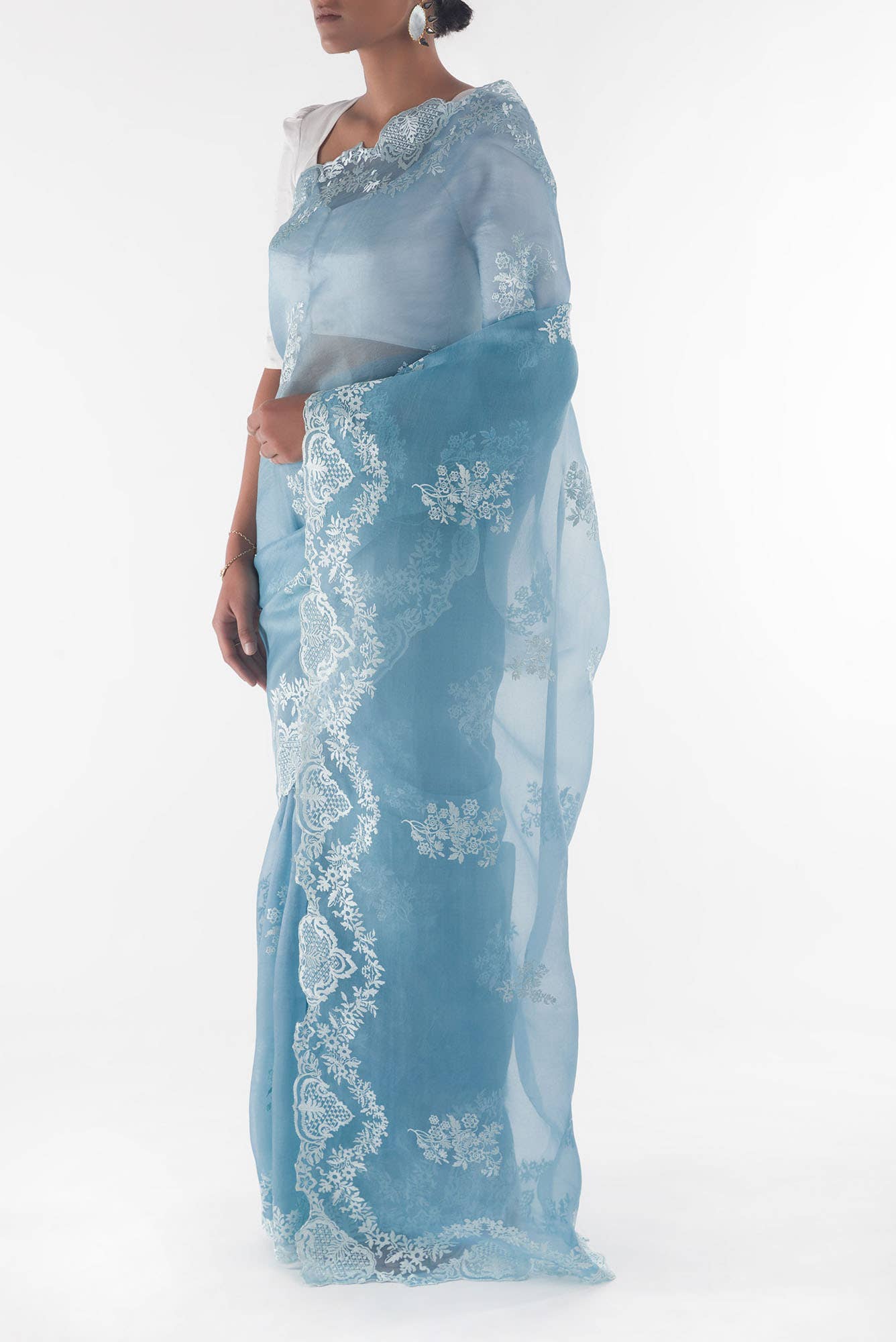 Peonia Blue floral design saree from Embroidered Romance Collection by Nalli