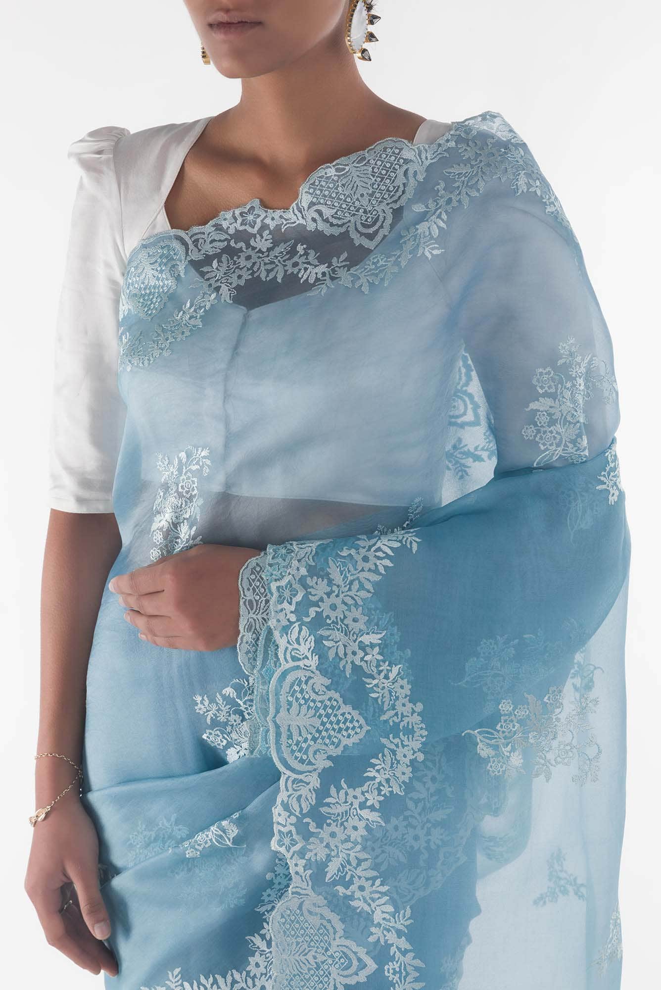 Peonia Blue floral design saree from Embroidered Romance Collection by Nalli