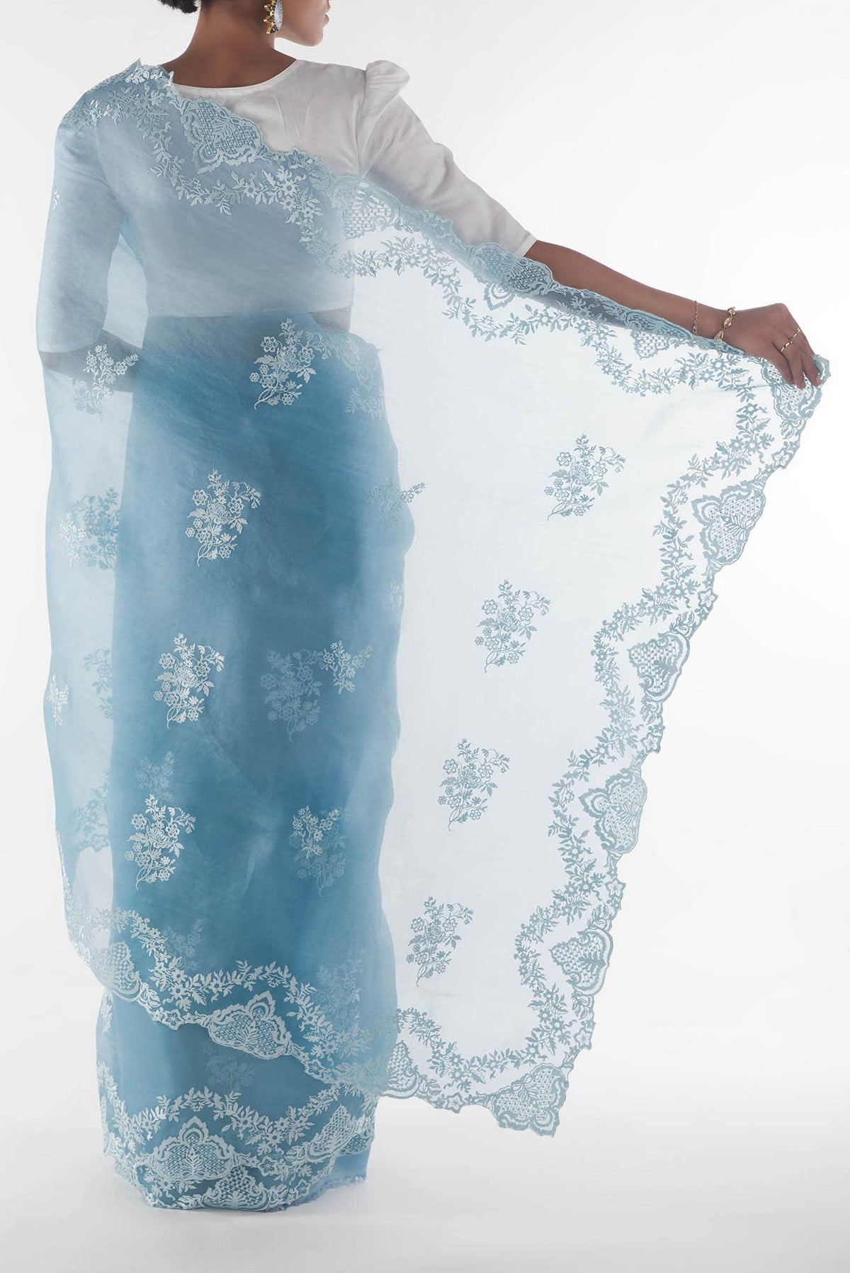 Peonia Blue floral design saree from Embroidered Romance Collection by Nalli